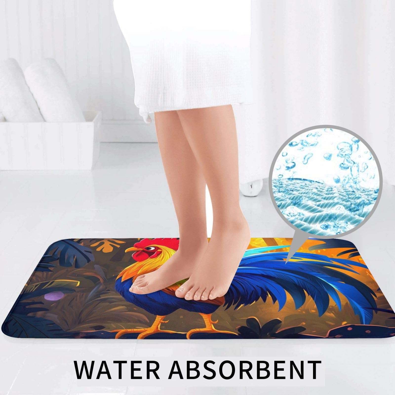 Lot de 3 tapis de salle de bain en mousse à mémoire de forme de coq à queue bleue, tapis de bain doux et absorbant, tapis de toilette en forme de U, décoration d'intérieur, séchage rapide