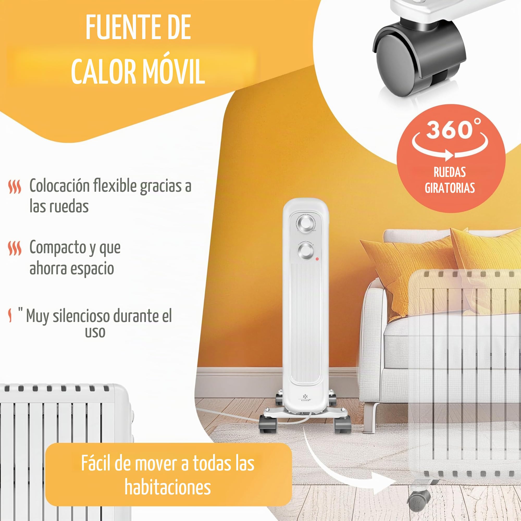 KESSER® Radiador de aceite de bajo consumo 2500W | Termostato, ventilador de calentamiento rápido | Calefacción eléctrica rellena de aceite + 3 niveles de calor, carcasa de protección, ruedas 360° |