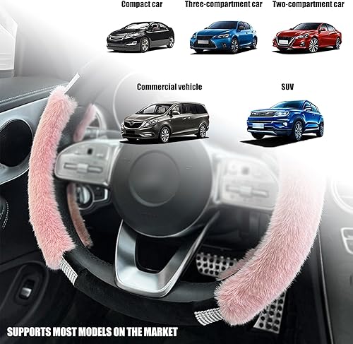 Miniatura 6 de 1 funda brillante para volante de automóvil, 14.9 pulgadas, con diamantes de imitación esponjosos, decoración de invierno, accesorios de protección