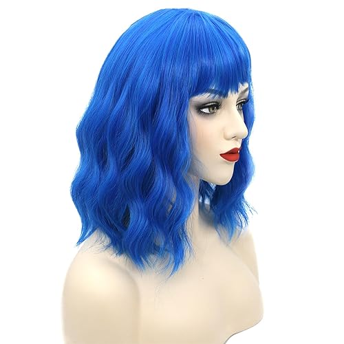 Amyqueen Pelucas azules para mujer, pelucas cortas y rizadas con flequillo, peluca sintética de color ondulado estilo Bob, longitud media,