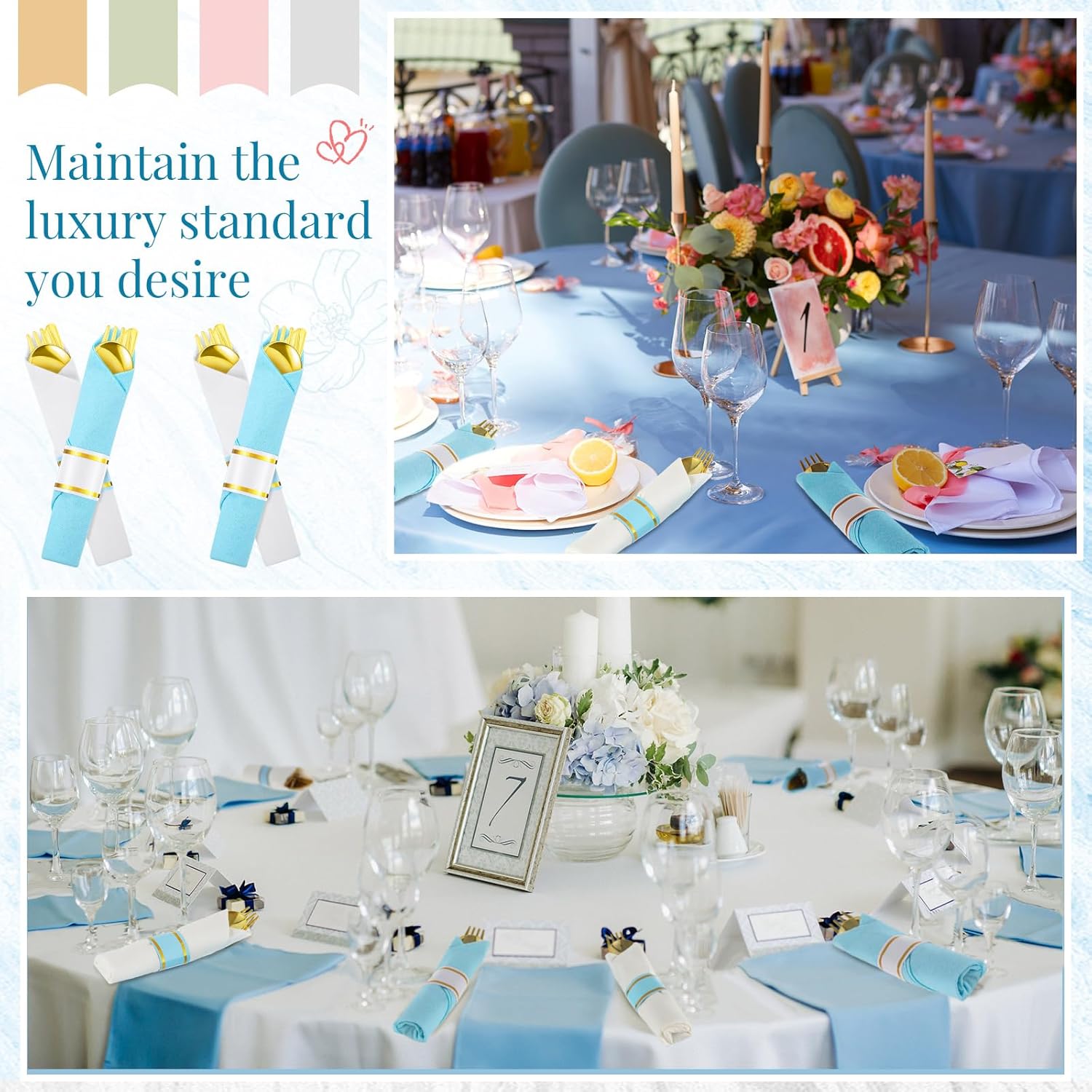 Lasnten 50 Pack/200 Pcs Pre Rolled Gold Plastic Silverware Set Disposable Wrapped Plastic Cutlery Set Include Blue and White Napkins Knives Spoons and Forks for Wedding Baby Shower Birthday Party