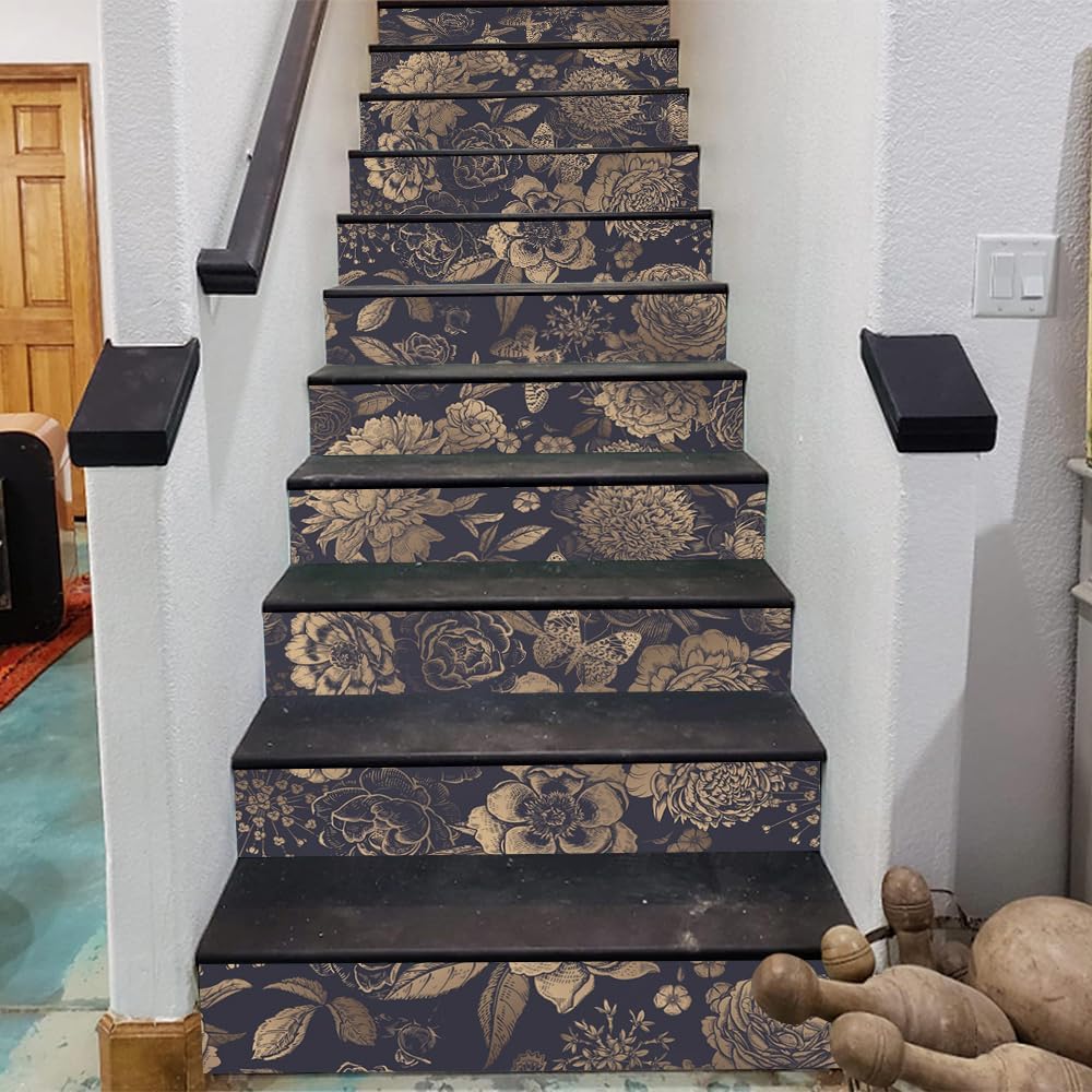 REDAMANCY Black Gold Flower Vintage Peel and Stick Vinyl Stair Riser Decals Staircase Tile Stair Stickers Abstract Boho Art Modern Decoration Self-Adhesive Home Decor Stair Decals (14Pcs)