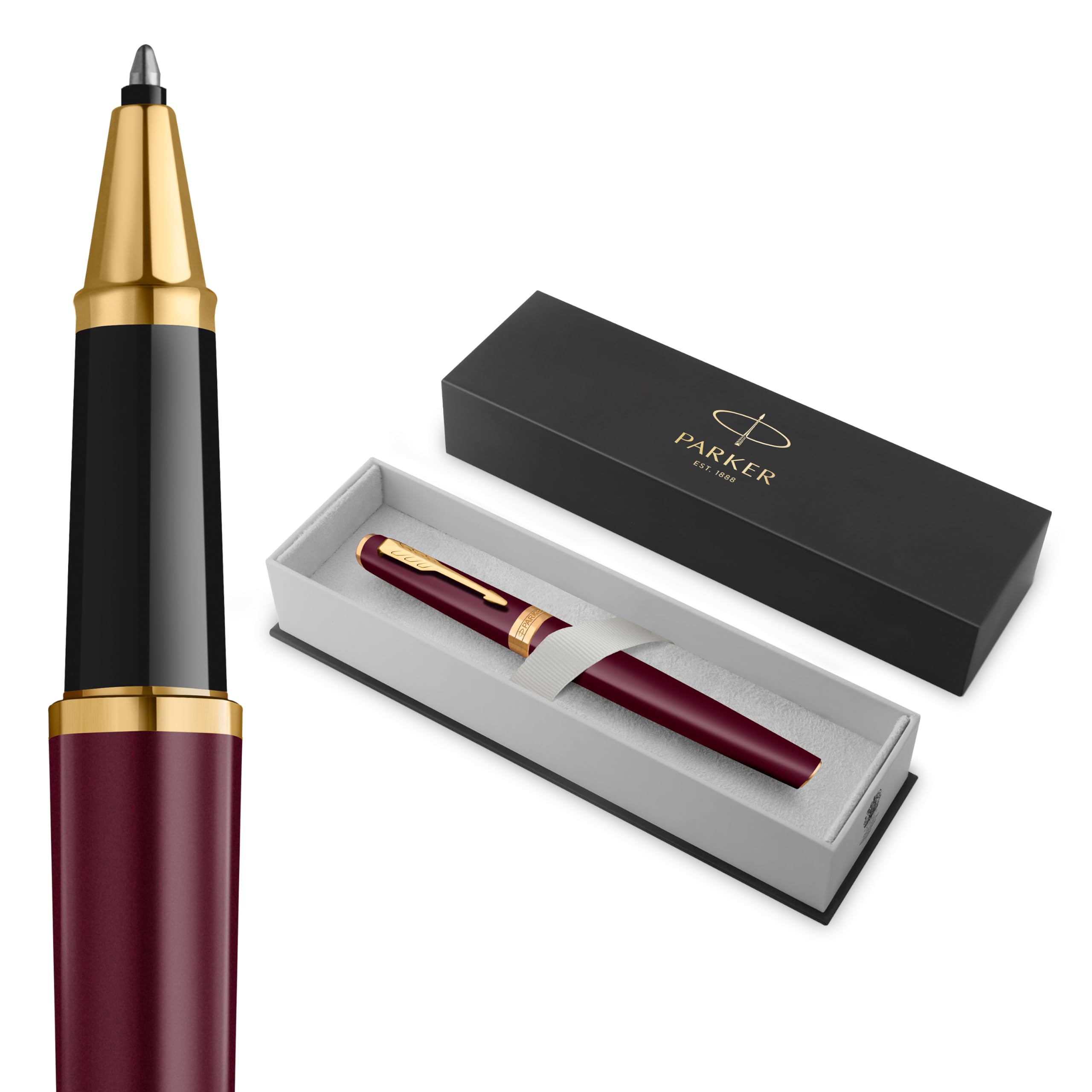 Parker Meridian Penna roller | Lacca rossa con rifiniture dorate | Punta fine | Penna da scrittura e Materiali per Cancelleria | Inchiostro Nero | Confezione regalo di lusso