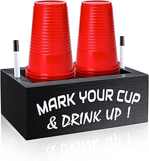Wood Double Disposable Cup Holder with Marker Slot, Mark Your Cup and Drink Up Plastic Cup Organizer Drink Dispenser for Wedding Party Kitchen Decor