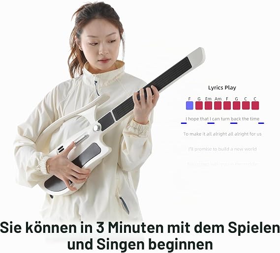 Smart Guitar Stringless Portable and Foldable with App Control Chord Generator Built-in Drum Machine and Speakers 100 Tones for Beginners and Bands MIDI White