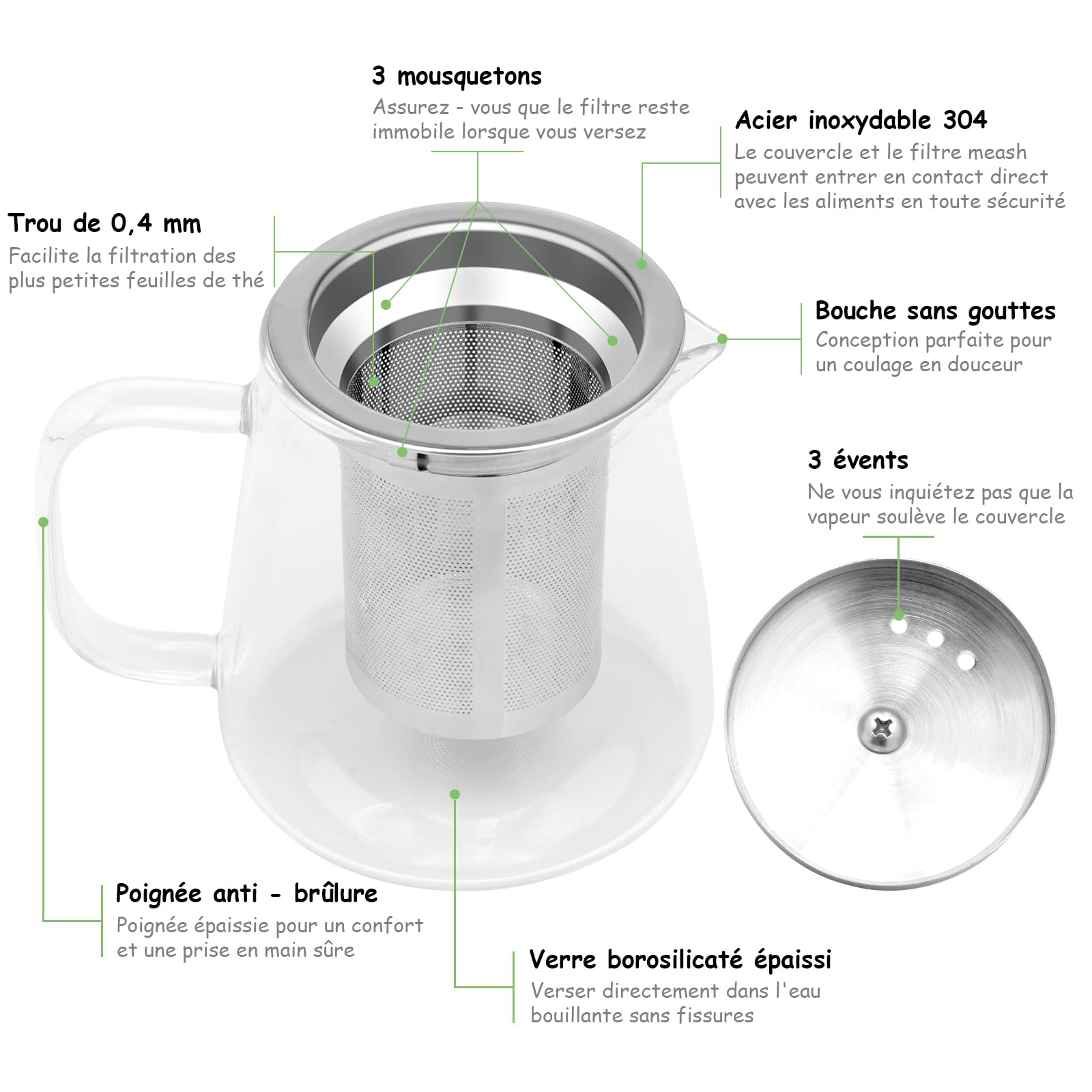 Théière en Verre Borosilicate 950ml avec Infuseur Acier Inoxydable 304 pour Thé en Vrac