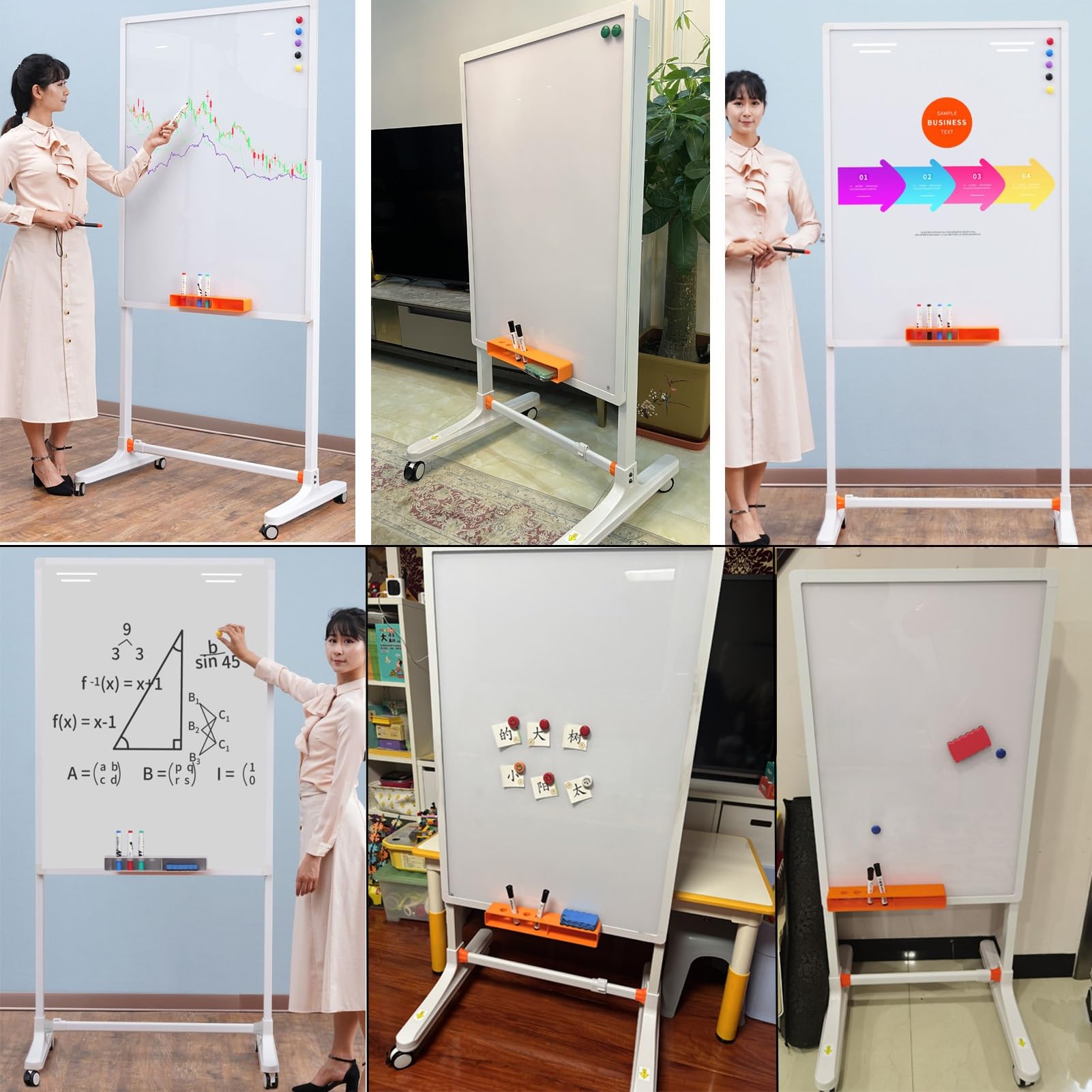 Tablica Suchościeralna na Kółkach, Magnetyczna, z Podstawą, Stojąca Tablica Suchościeralna na Kółkach, Regulowana Wysokość(White,70x100cm/27.5x39in)