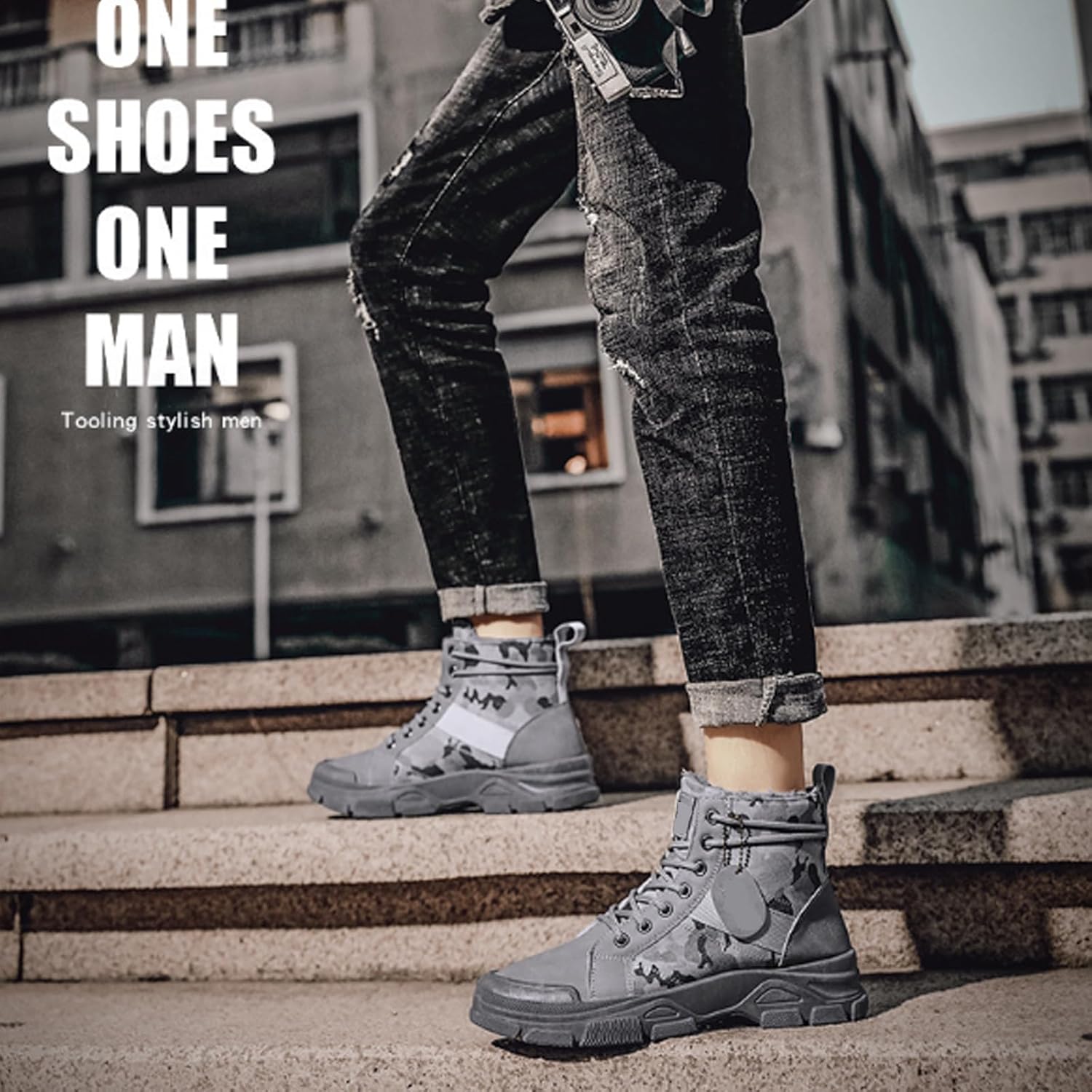Men's Trendy Tactical High Top Lace Up Boots Breathable Comfortable Non-Slip Boots with Fuzzy Lining for Outdoor Walking Hiking Mountaineering, Autumn and Winter