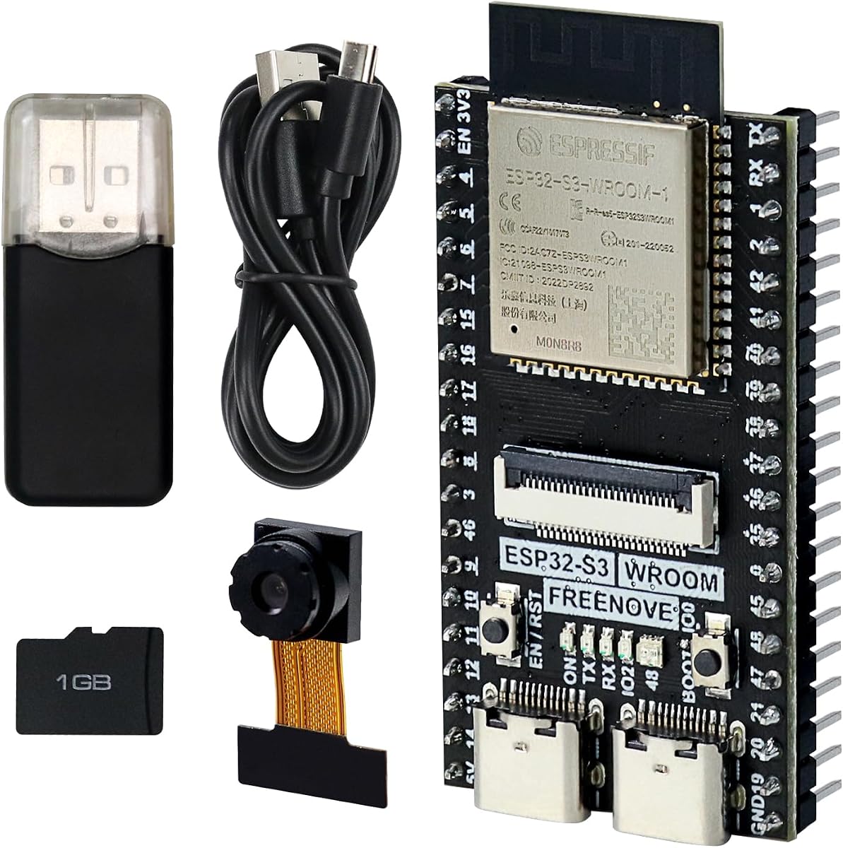 Freenove ESP32 ESP32-S3 Camera Board Kit (8 MB Flash) with 1GB Card | Dual-core 32-bit 240 MHz Microcontroller, USB-OTG Camera WiFi+BT, Python C Code, Example Projects Tutorial