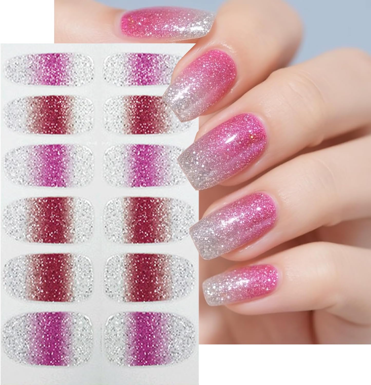 Glitter Gradient Full Nail Wraps Gel Nail Strips 4Sheets Full Cover Nails Wraps Gradient Silvery Pink Blue Self Adhesive Nails Polish Strips Stickers for Women DIY Manicure Nail Art Decorations