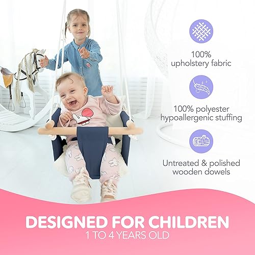 Miniatura 2 de CaTeam - Columpio de lona para bebé, silla colgante de madera con cinturón de seguridad, columpio duradera para bebé, columpio para exteriores e