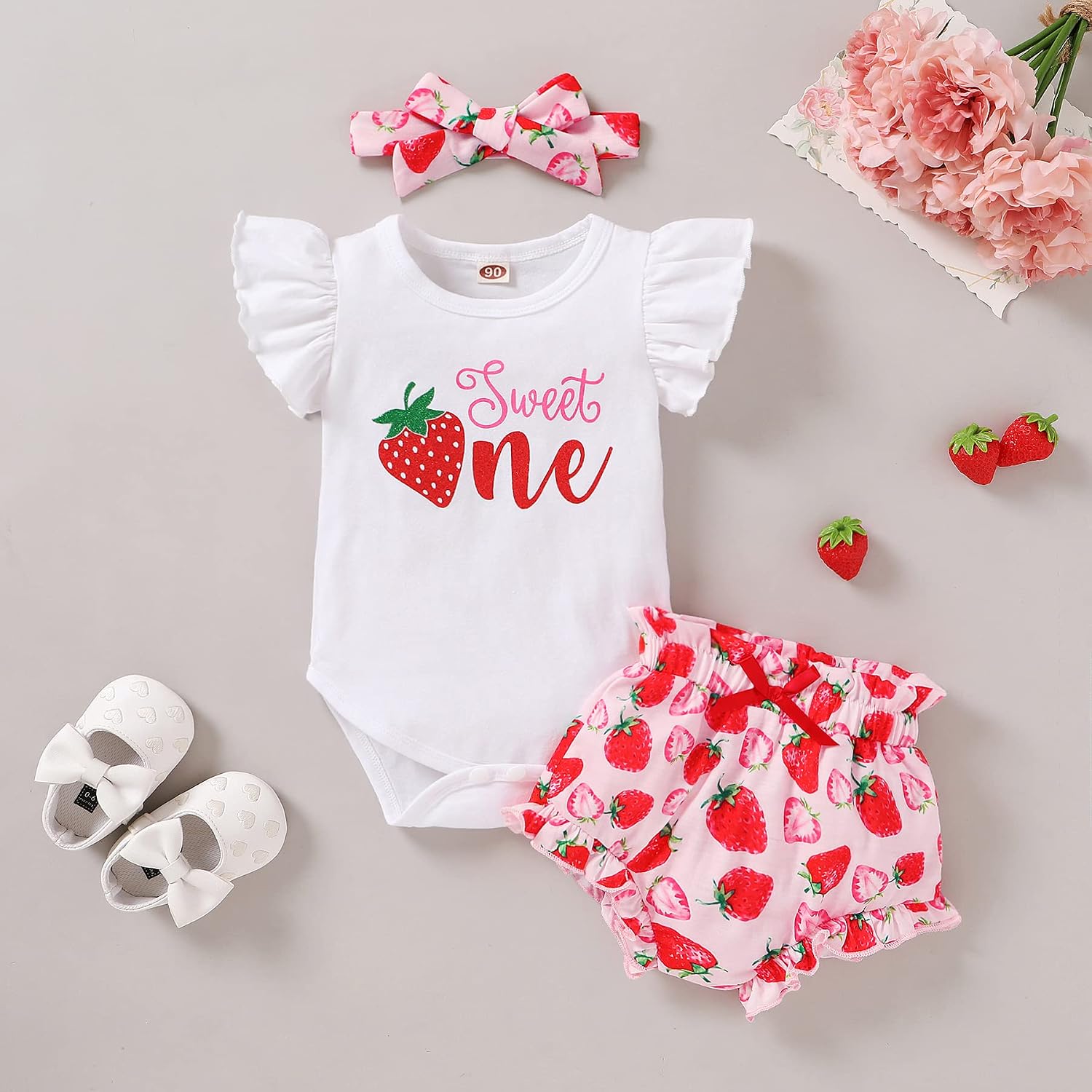 YOUNGER TREE Infant Baby Girl 1st Birthday Outfits Bumble Bee Printed One Romper Shorts Headband Summer Ruffle Sleeve Clothes