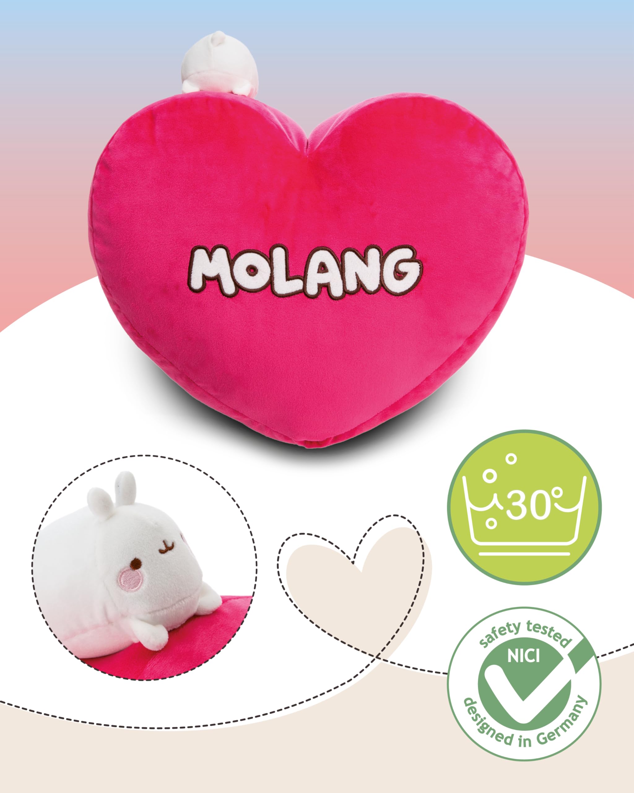 NICI NIC Kissen MOLANG herzförmig 42x27cm mit Kuscheltier MOLANG 10cm pink - Flauschiges Kuscheltierkissen für Kinder, Babys und Kuscheltierliebhaber, ideal für Zuhause, Kindergarten oder unterwegs