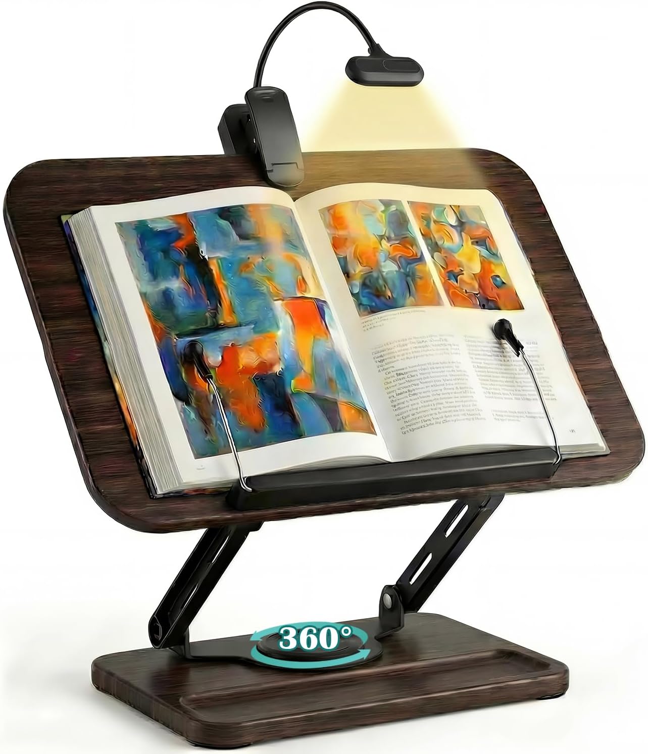 360° Rotating Book Stand, Adjustable Reading Shelf with 180° Flexible Book Clips, Wood Grain Desktop Holder, Multi-Angle Desktop Book Holder for Reading Cookbook Recipe
