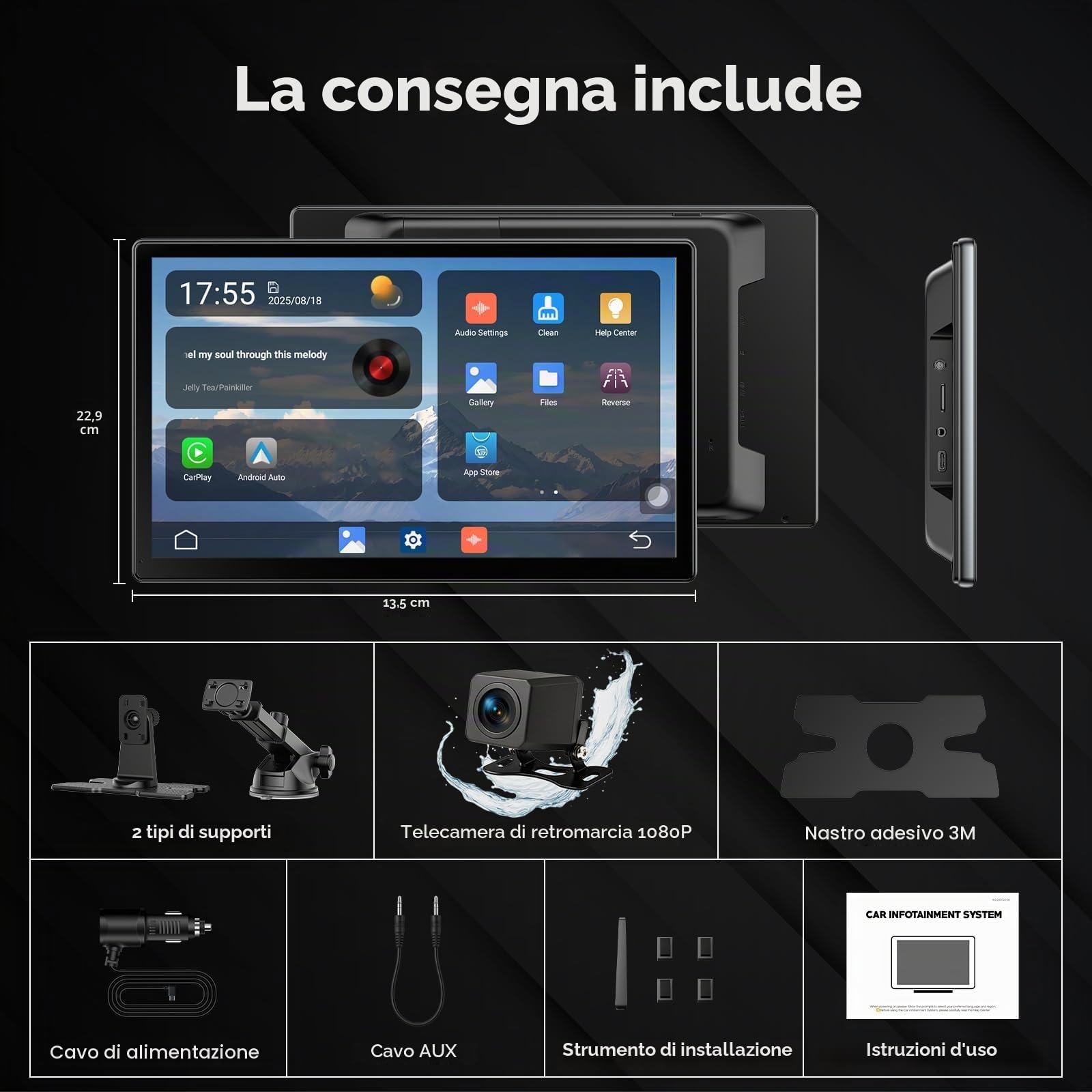 Volam schermo per auto carplay,con A-pple CarPlay e Android Auto,9" schermo,schermo carplay auto Net-flix YouTube,Telecamera Posteriore Navigazione Aggiornamento Siri/G00gle voice,iOS 10+ Android 11+