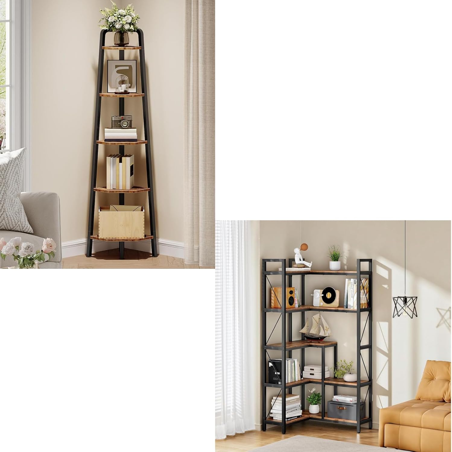5-Tier Corner Bookshelf, 65.5'' Tall L-Shaped Bookcase, Corner Storage Stand with Metal FrameCorner Shelf, 5-Tier Ladder Corner Shelf, Ladder Bookshelf, 59.6" Tall Vertical Display Stand