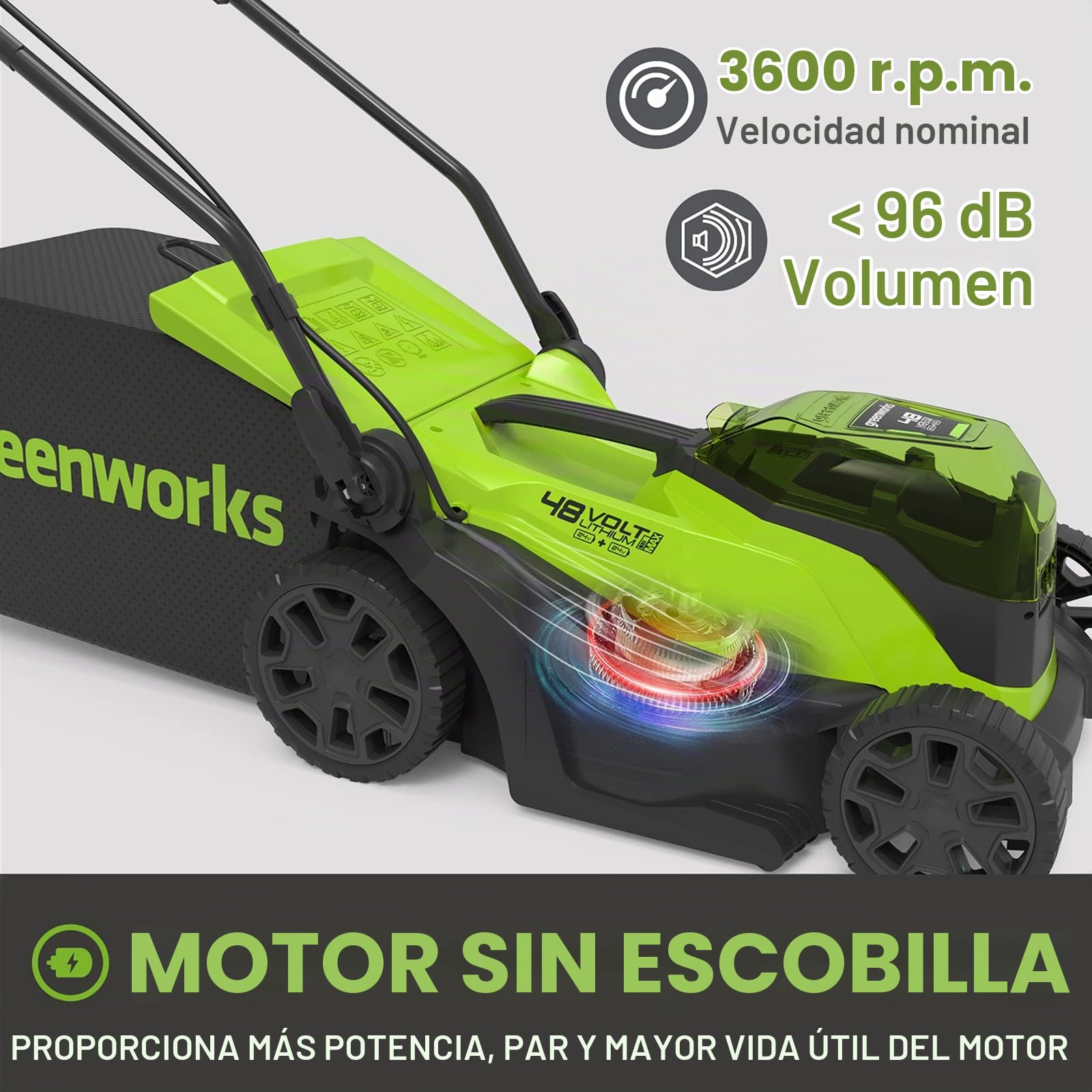 Cortacésped sin cable Greenworks GD24X2LM36K2x (Li-Ion 2x24V 36cm anchura hasta 250m² 40L recogedor de hierba 5 regulaciones altura de corte con batería de 2x2Ah y cargador de doble ranura)
