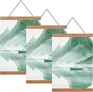 3 Pack Magnetic Poster Hanger Frame Magnetic DIY Wood Poster Frame Teak Pine Photo Hangers Hanging Kit for Pictures Canvas Prints Artwork Home Decor 12x18 12x16 16x24 (wood color frame,8 Inch)