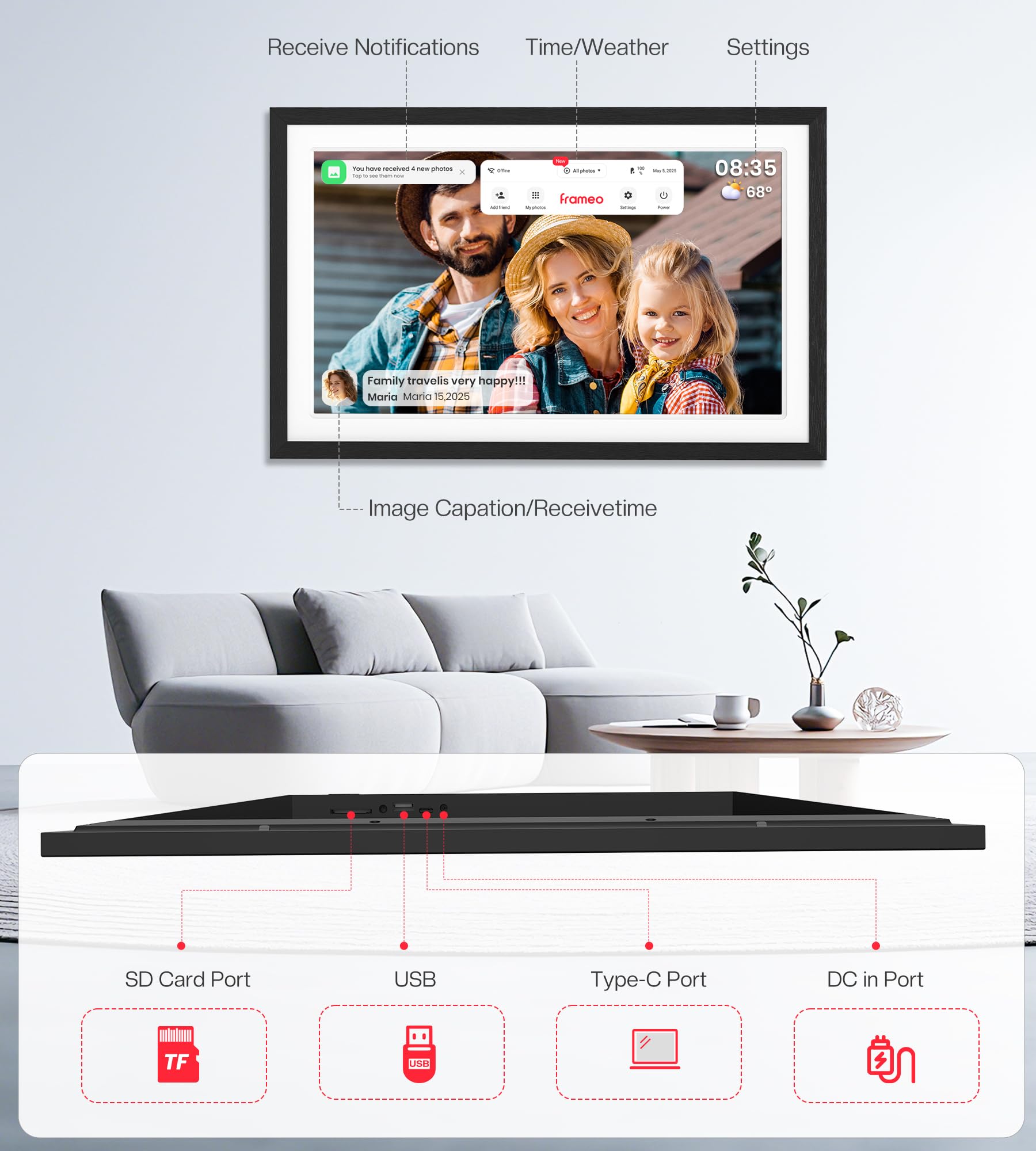 BIGASUO Digital Picture Frame, 10.1" Frameo Digital Frame WiFi with 32GB Memory, 1280x800 IPS Touch Screen, Send Photos/Videos from Your Phone Anywhere, Photo Gifts for Parents and Grandparents: 21.5" Black & White 64GB