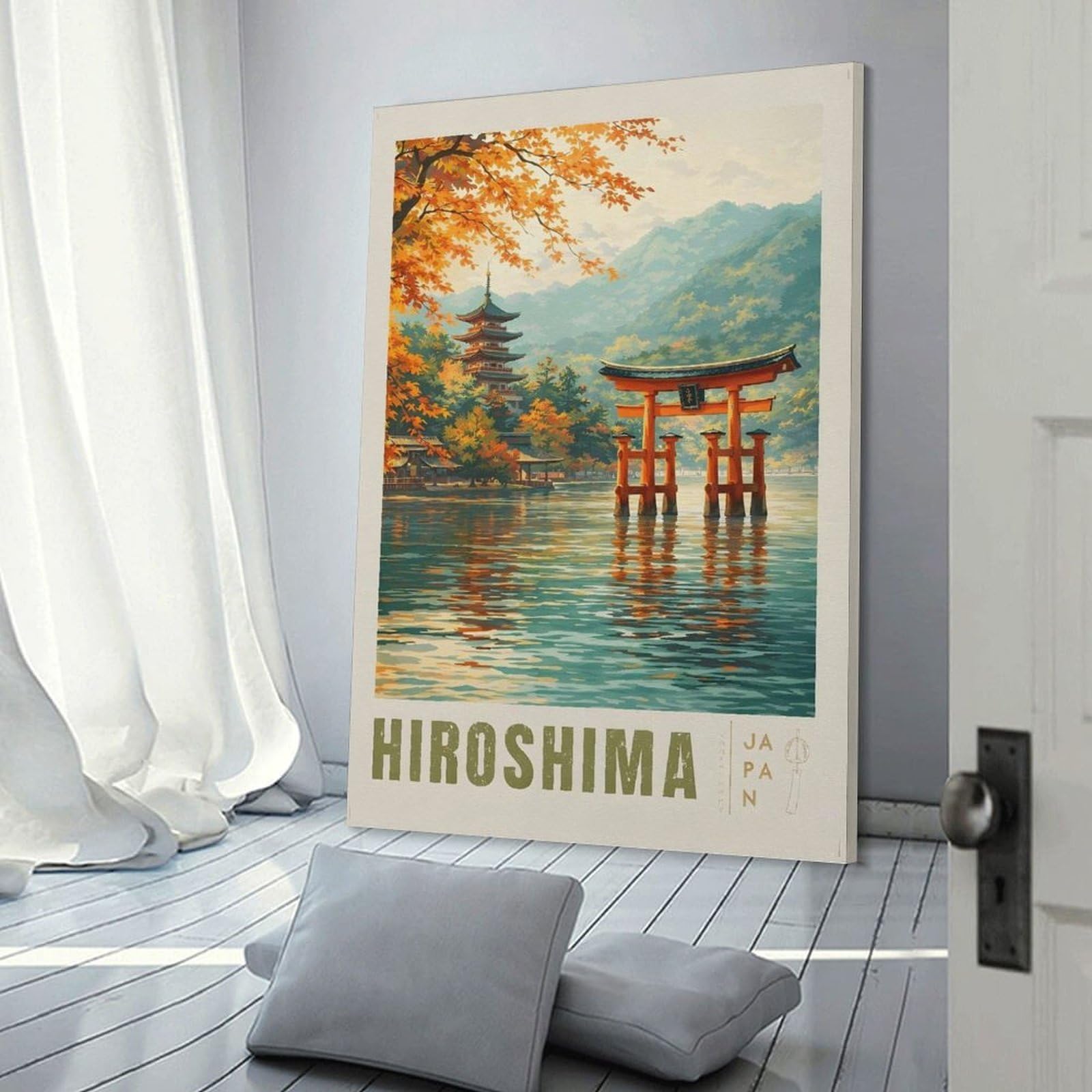 Junmoney Wall Picture Print Hiroshima Autumn Torii Gate And Pagoda, 24x36inch(60x90cm), for Wall Displays, Bedrooms Or Room Updates, Wall Decor Suited to Curated Displays