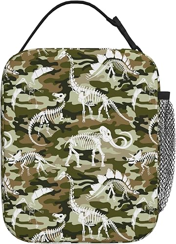 Miniatura 3 de Bolsa de almuerzo aislada con diseño de dinosaurios, esqueletos y fósiles de camuflaje, lonchera reutilizable, bolsa de almuerzo portátil para