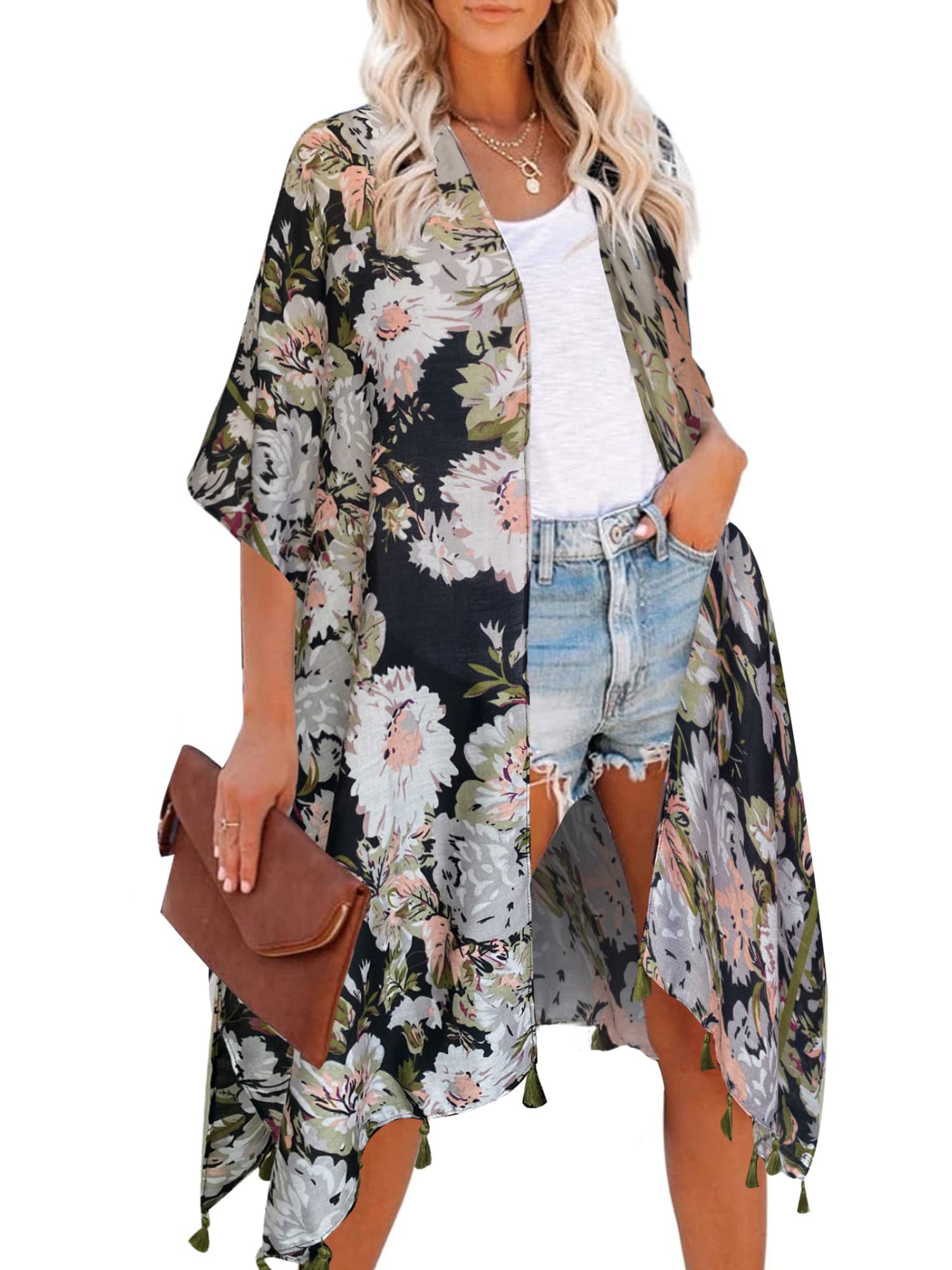 Moss RoseWomen's Beach Cover up Swimsuit Kimono Cardigan with Bohemian Floral Print