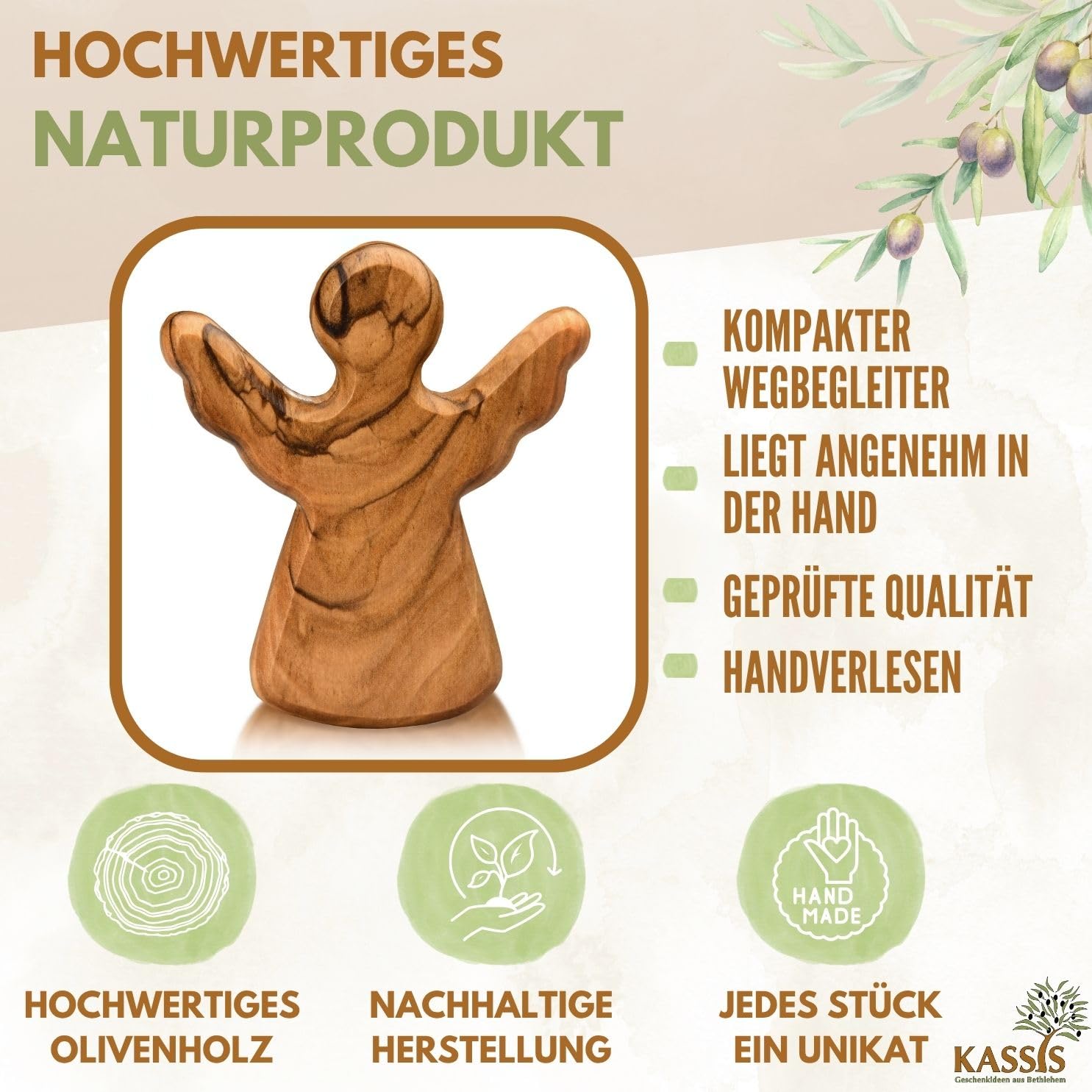 Kassis Geschenkartikel Olivenholz-Schutzengel - Handgefertigte Engel-Figur aus Bethlehem - Schutzengel-Glücksbringer - (Du schaffst das) - (1 Stück)