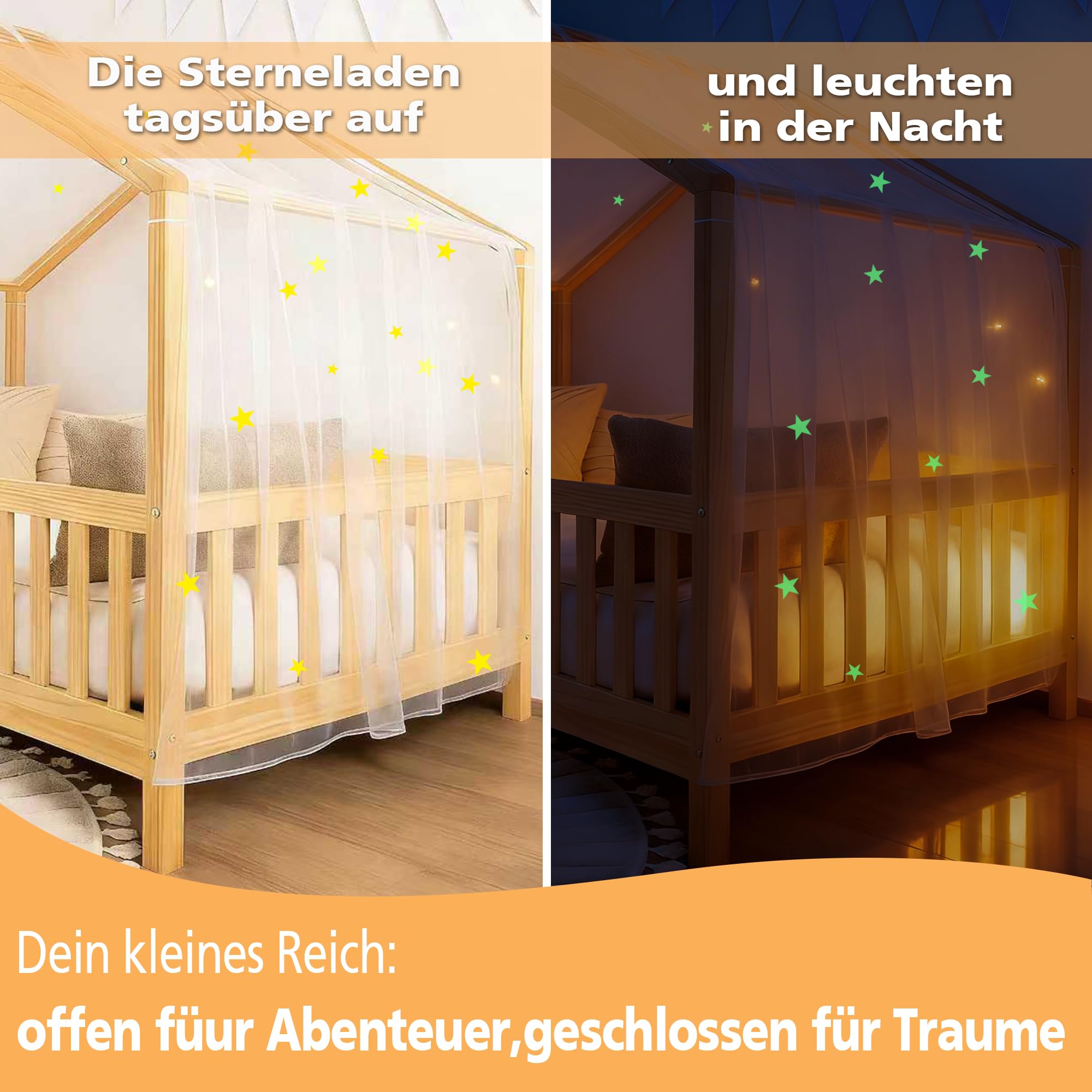 Hook Hausbett Himmel Betthimmel für Hausbett Kinder – Leuchtender Sternenhimmel Stoffhimmel für Hausbett Deko für Mädchen & Jungen – Himmel für Hausbett & Bodenbett (Weiß, H135 x B420 cm (1er Pack))