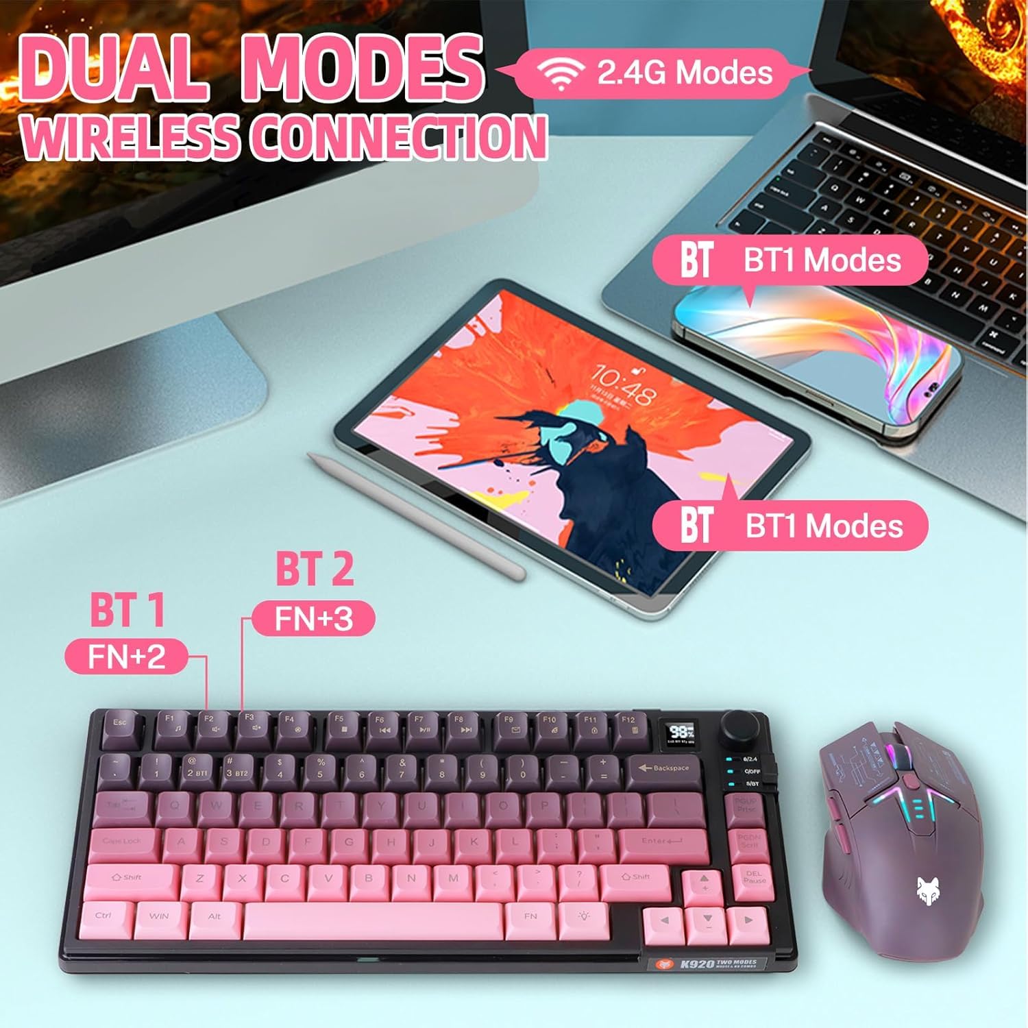 Juego de teclado y mouse inalámbricos para juegos, teclado mecánico + ratones 3D de 1600 DPI, batería de 2000 mAh, teclado retroiluminado RGB con 80 teclas, teclado para computadora o portátil (rosa