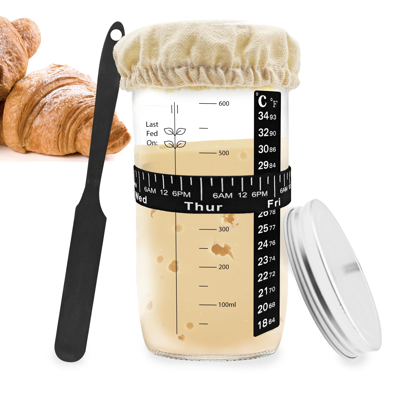 Set per lievito madre Madre con Spatola, Raschietto, Coperchio in Alluminio a Bocca Larga, Termometro, Fascia in Gomma Datata per Lievitazione e Copertura di Stoffa (1PC(24oz/700ml))