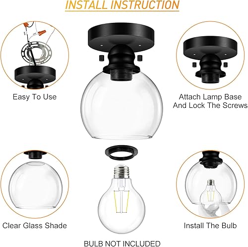 Miniatura 5 de Industrial Semi Flush Mount Ceiling Light, 5.91 Inch Clear Glass Ceiling Lamp Shade, Matte Black Closet Lights, Garage Ceiling Light Fixture for
