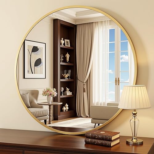 Miniatura 3 de Antok Espejo redondo de 20 pulgadas para pared, espejo redondo de baño, espejos de pared circulares con marco de metal dorado, espejos circulares