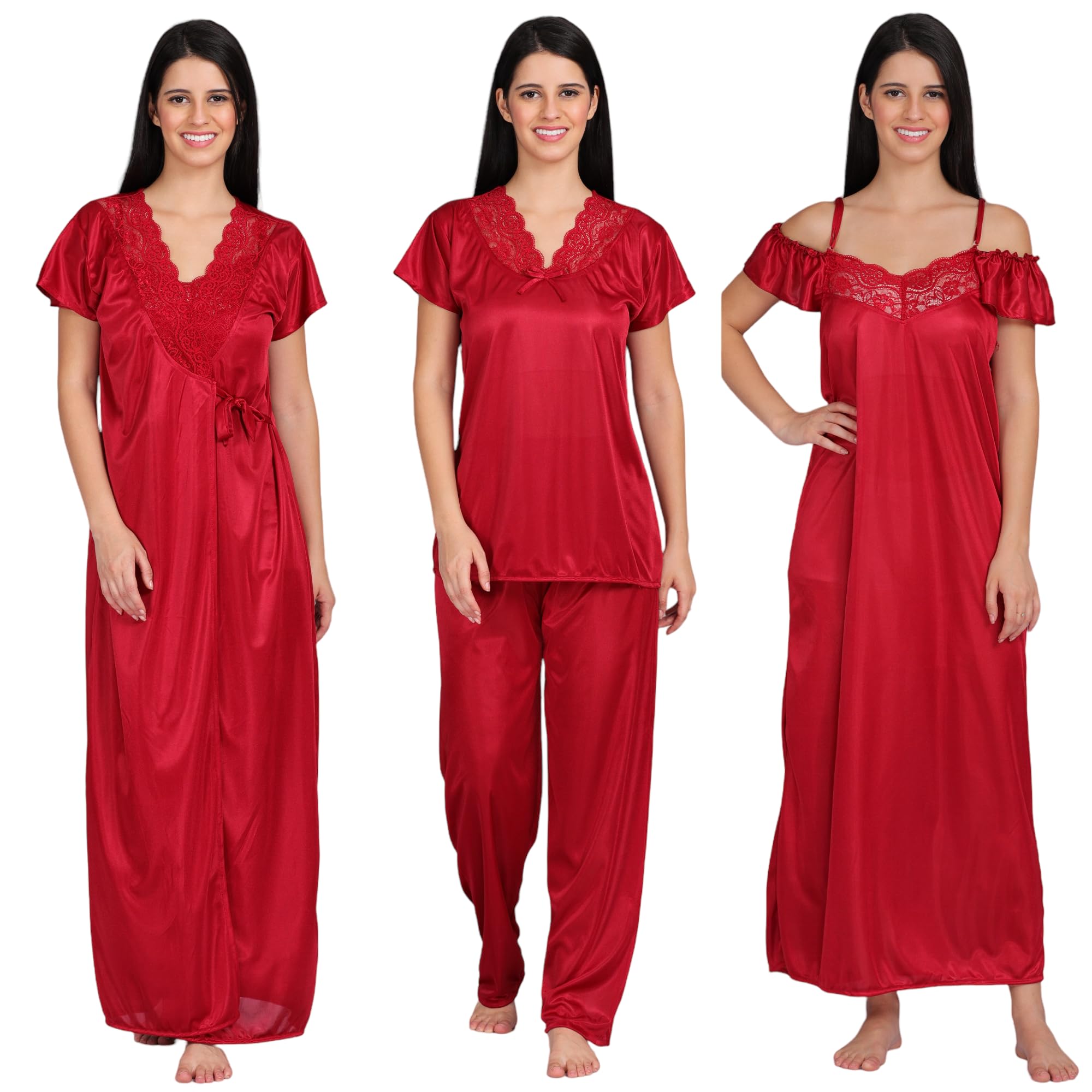 Apparels Solid Satin 4 Piece Nightwear Set (1 Robe, 1 Nighty, 1 Top, 1 Pyjama) for Women | Attractive & Stylish-image-44