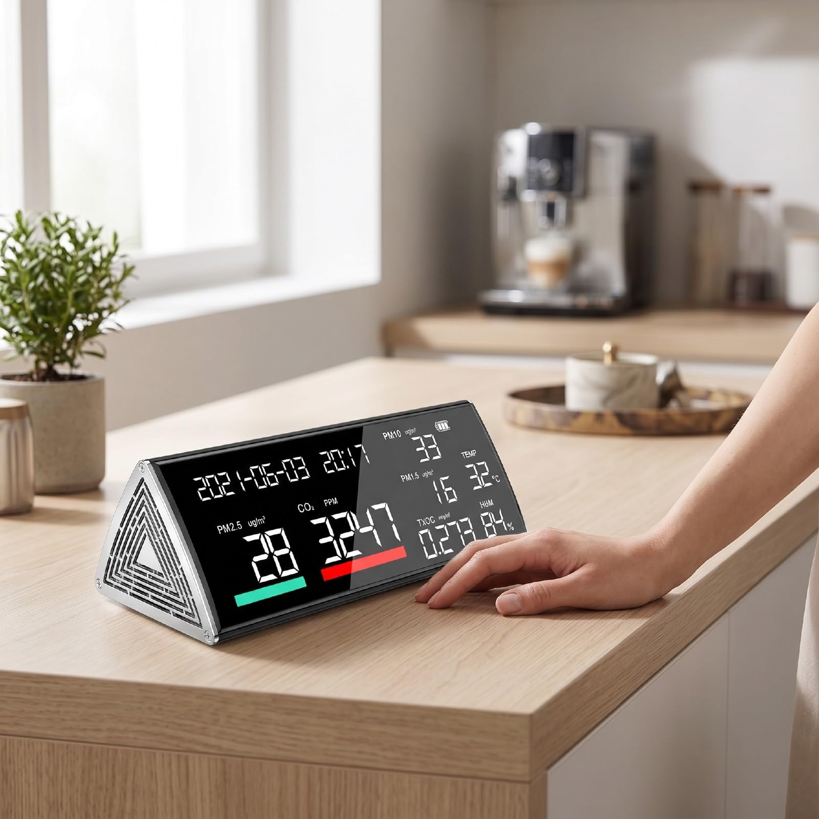 Misuratore della qualità Dell'aria, Rilevatore di umidità della Temperatura CO2 PM2.5 TVOC | Corpo in ABS, LCD da 9 pollici, data e ora, batteria da 5000 mAh, allarme sonoro e visivo, impostazione soglia, per hotel