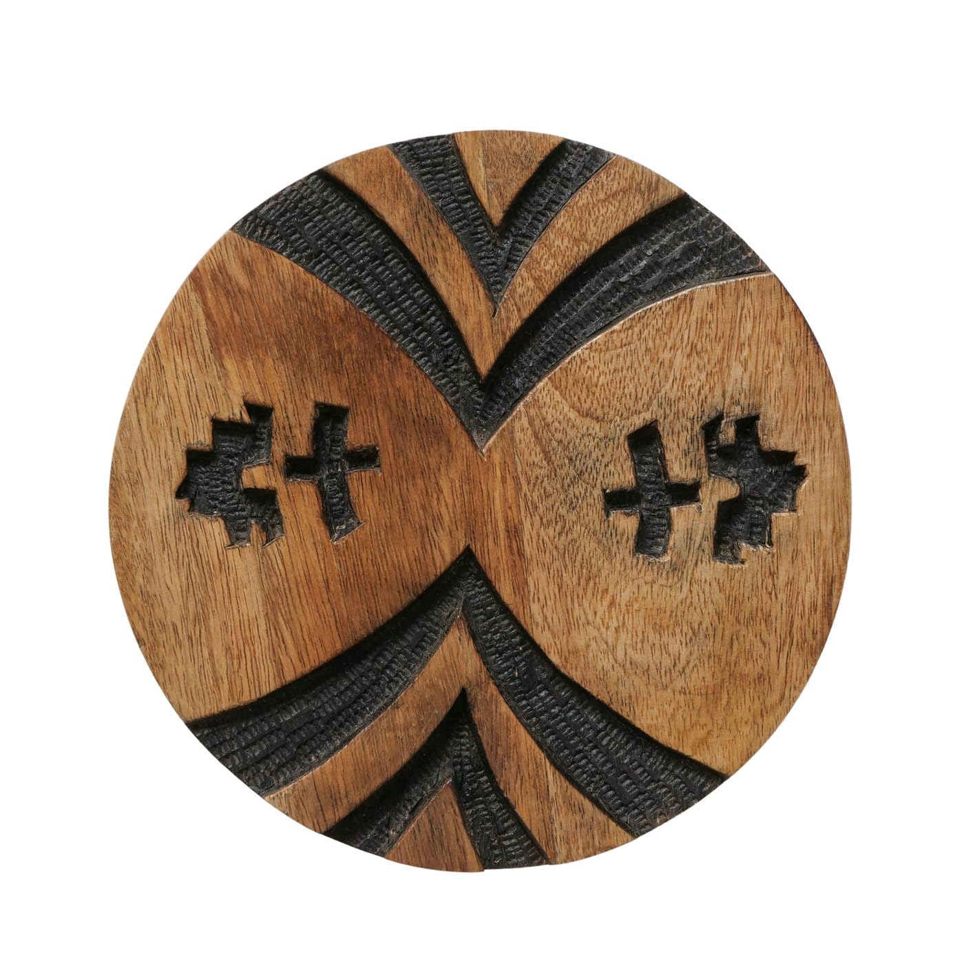 MF Wanddeko Holz Dalane, 3er Set, Rund, Mangoholz, Natur/Schwarz, Geometrisch, Boho Ethno, Ø 20/25/30 cm, Handgearbeitet