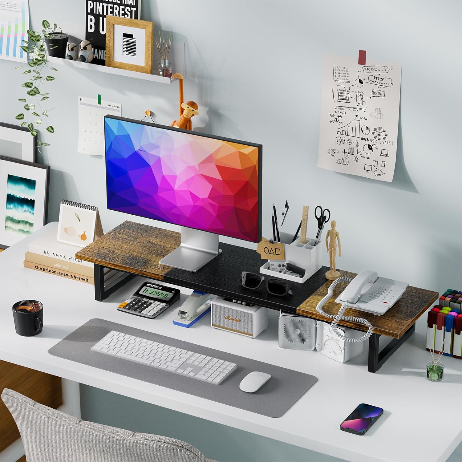 Simple Trending Desk Organizers and Accessories, Dual Monitor Stand Riser, Desk Shelf Wood Computer Rack for 2 Monitors