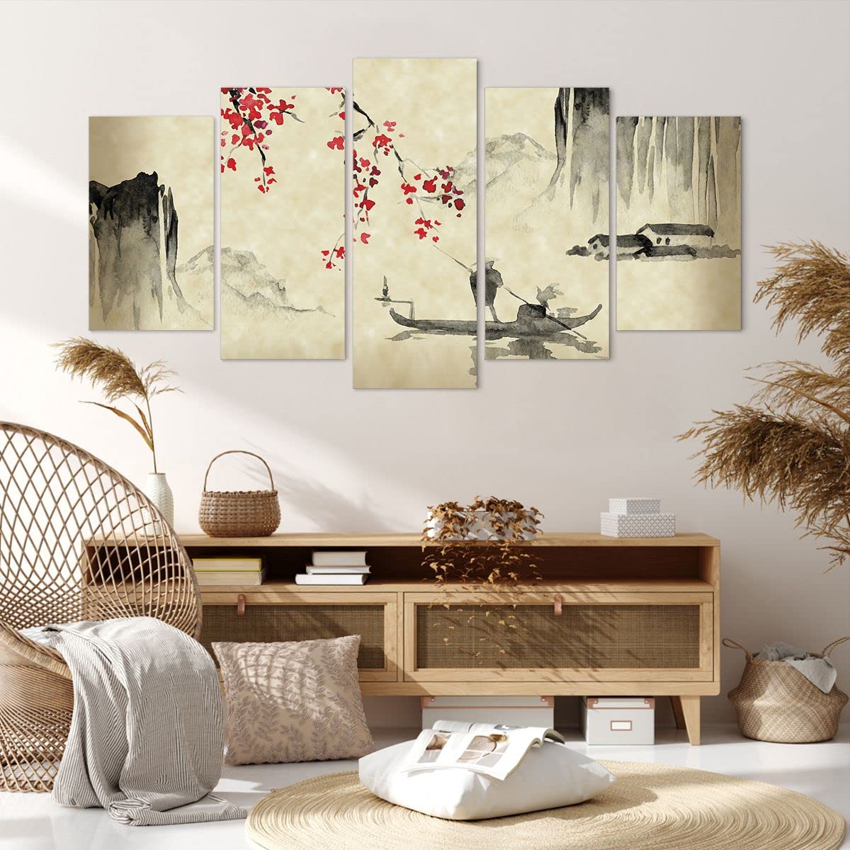 Deco Cadre Décoration Salon Fleur Cerises Japon Moderne Impression sur Toile 160x85cm Image Tableau Decoration Murale Chambre Triptyque 5 parties Art Wall Tableaux Decoratifs Muraux EA160x85-5020