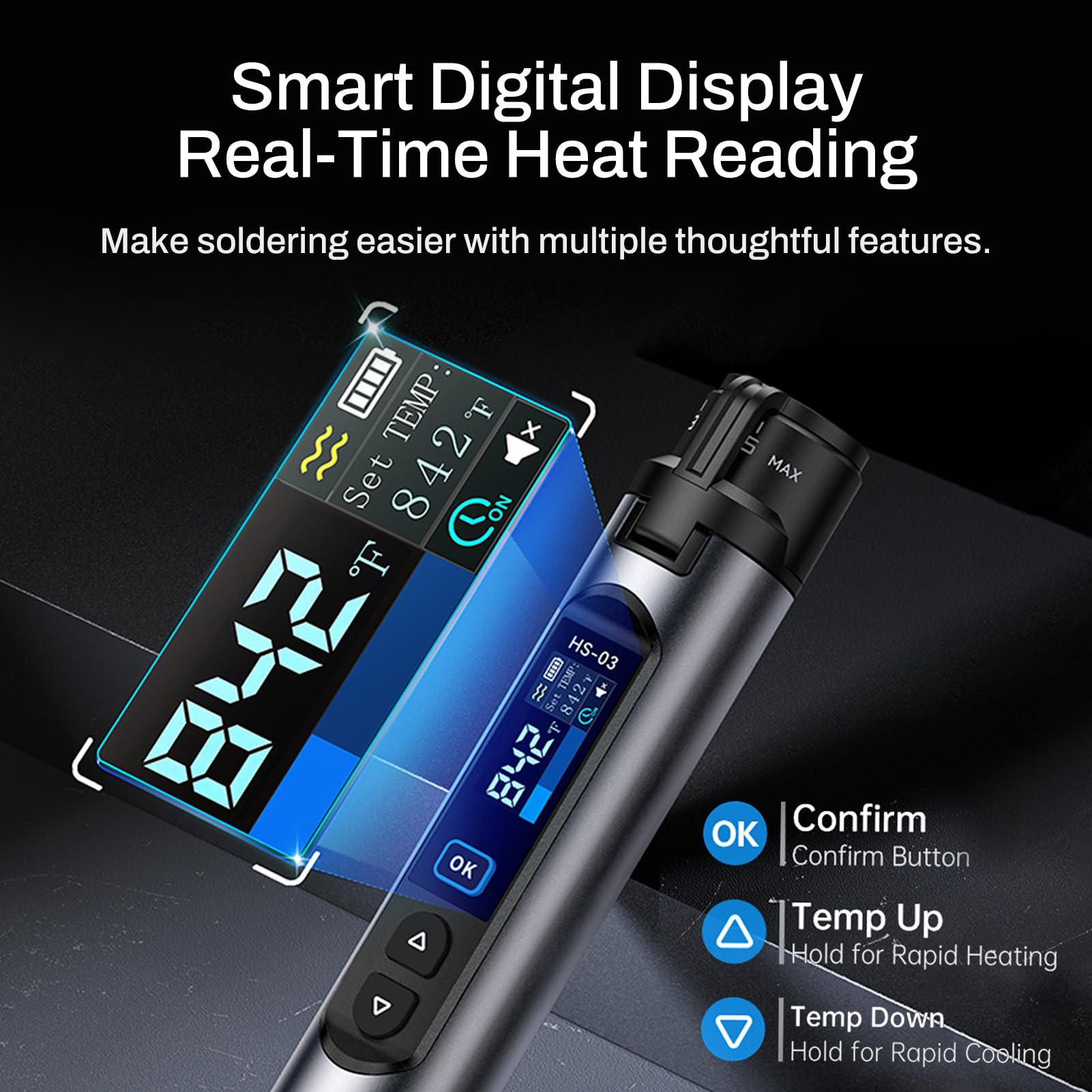 Saldatori di Senza Fili, HS-03 Set Saldatore Portatile, diriscaldamento rapido in 7 secondi, 5 impostazioni di temperatura 100~450 °C, Saldatori UBS-C ricaricabile con display LCD, 3 punte saldatura