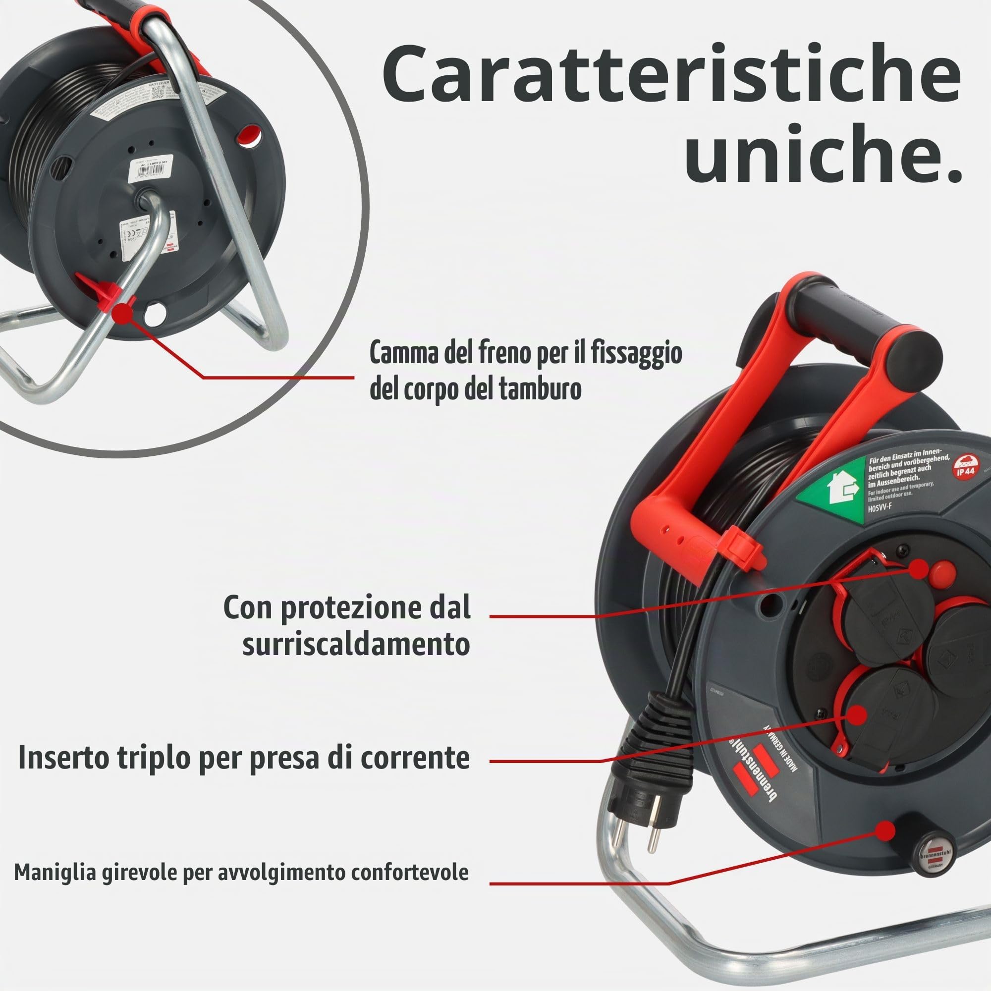 Brennenstuhl Garant, Avvolgicavo per esterni, IP44, 25 m (Made in Germany, 3 prese di sicurezza con migliore protezione da tocco, plastica speciale)