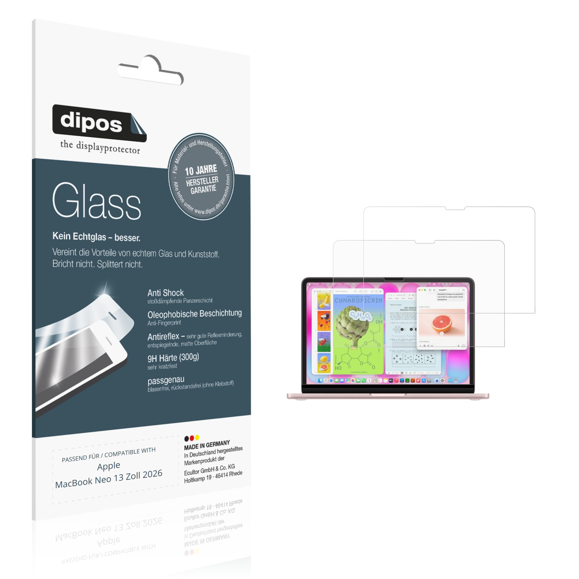 dipos 2x Pellicola Protettiva 9H opaca per Apple MacBook Neo 13 Zoll 2026 | Antiriflesso, non si rompe e non si scheggia, non è vero vetro, Anti-Shock, antigraffio, senza bolle, autoadesiva