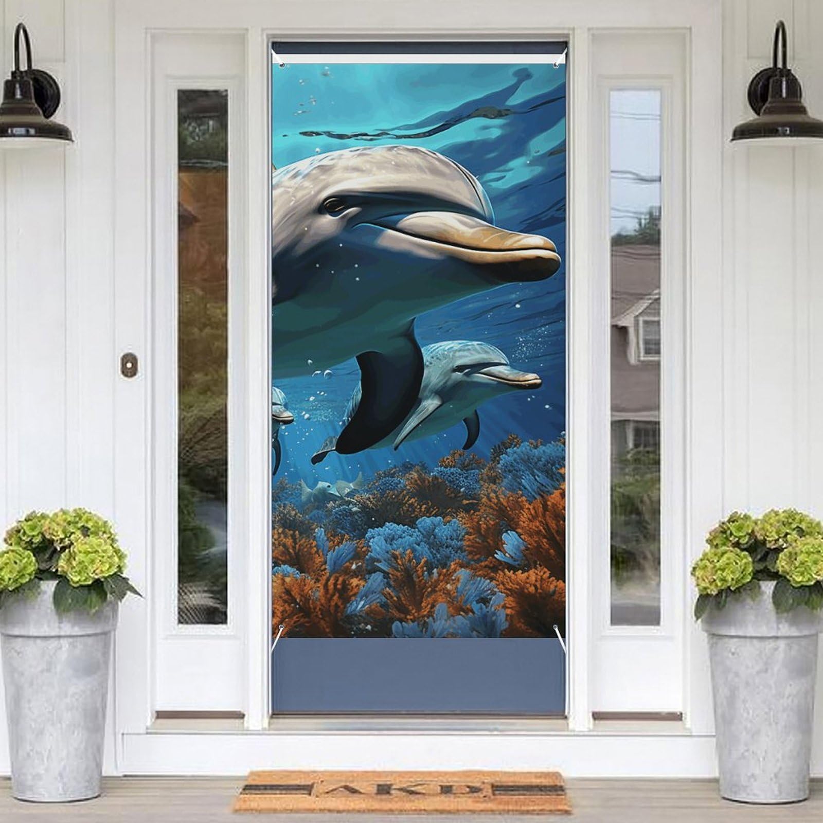 KLOPH Door Cover Decoration Welcome DoorBanner Porch Sign Photo Background Door Curtains for Doorway Privacy Window Curtain Dolphins Porch Cover Indoor Outdoor Decor 70.9x35.4in