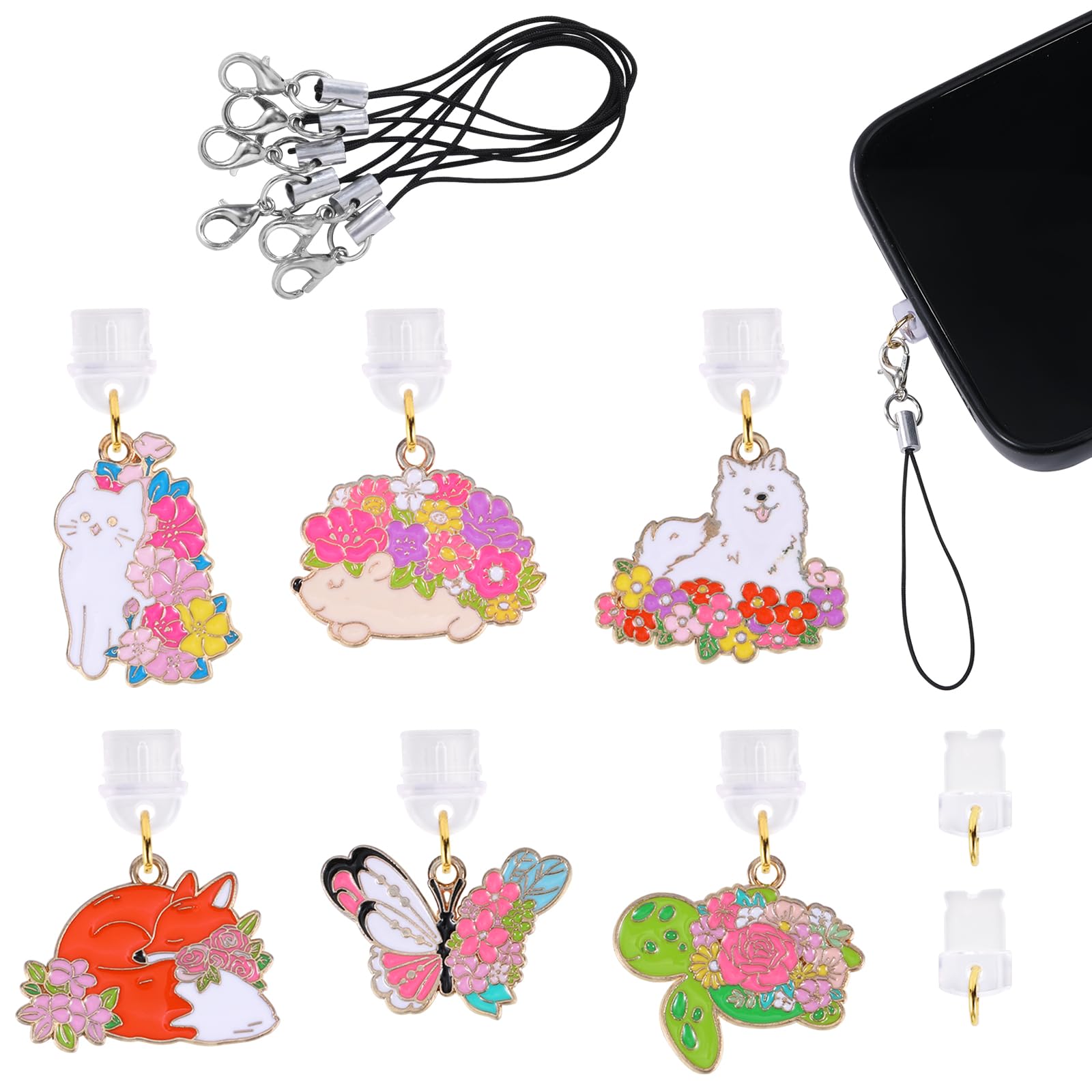 WEWAYSMILE 6 Pcs Type C Dust Plug Charm Cute Cell Phone Charms Mobile Dustproof Plugs with Charms for Most Type C USB C Cell Phone(Flower and Animal)