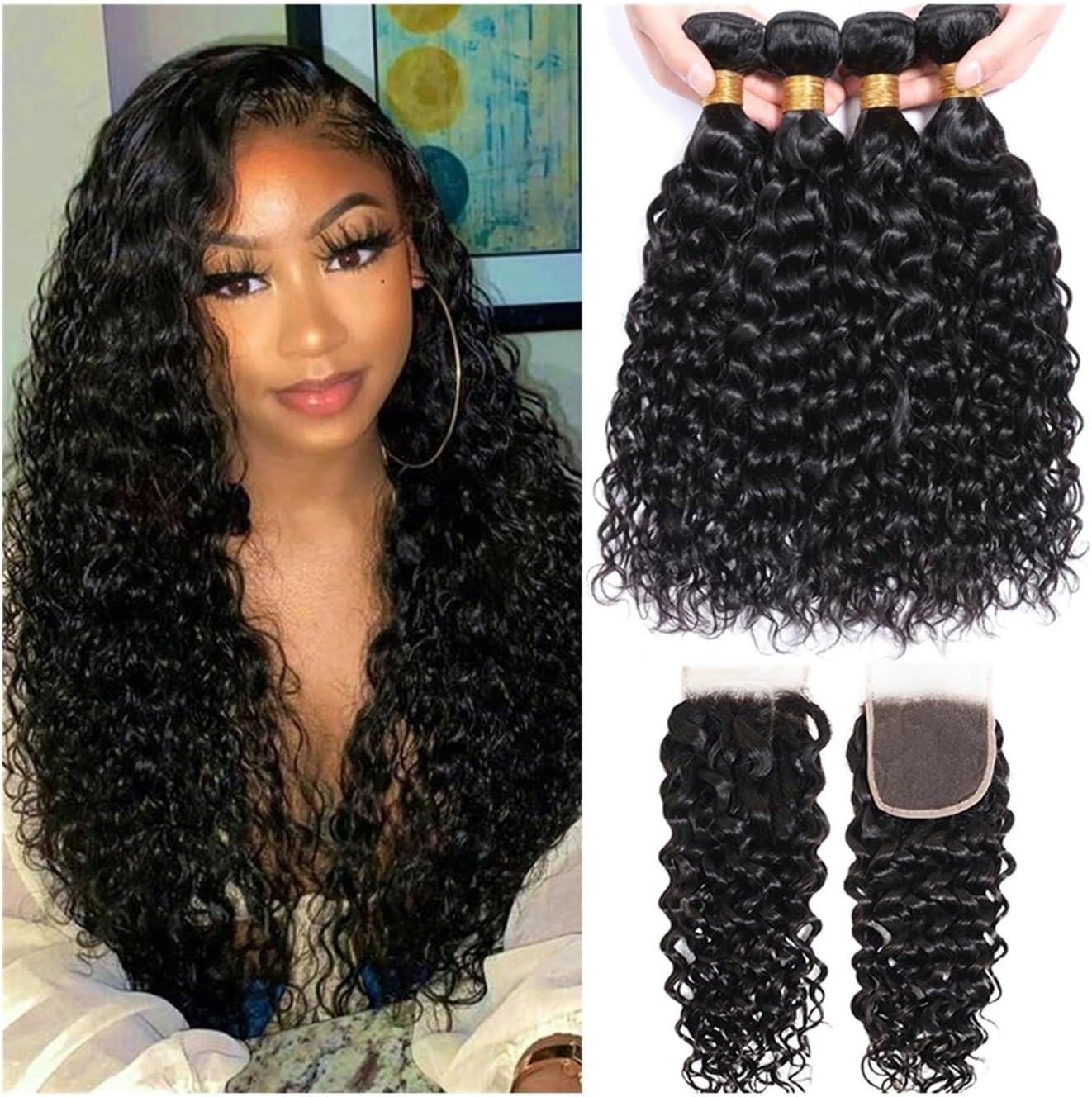 Human Hair Bundles 12A Indian Water Wave Bundles with Closure Wavy Curly Human Hair Bundles Remy Hair Weave 3 Bundles With Frontal 13X4 Hair Bundles (Size : 13"x4", Color : 18 18 18 Closure 16)
