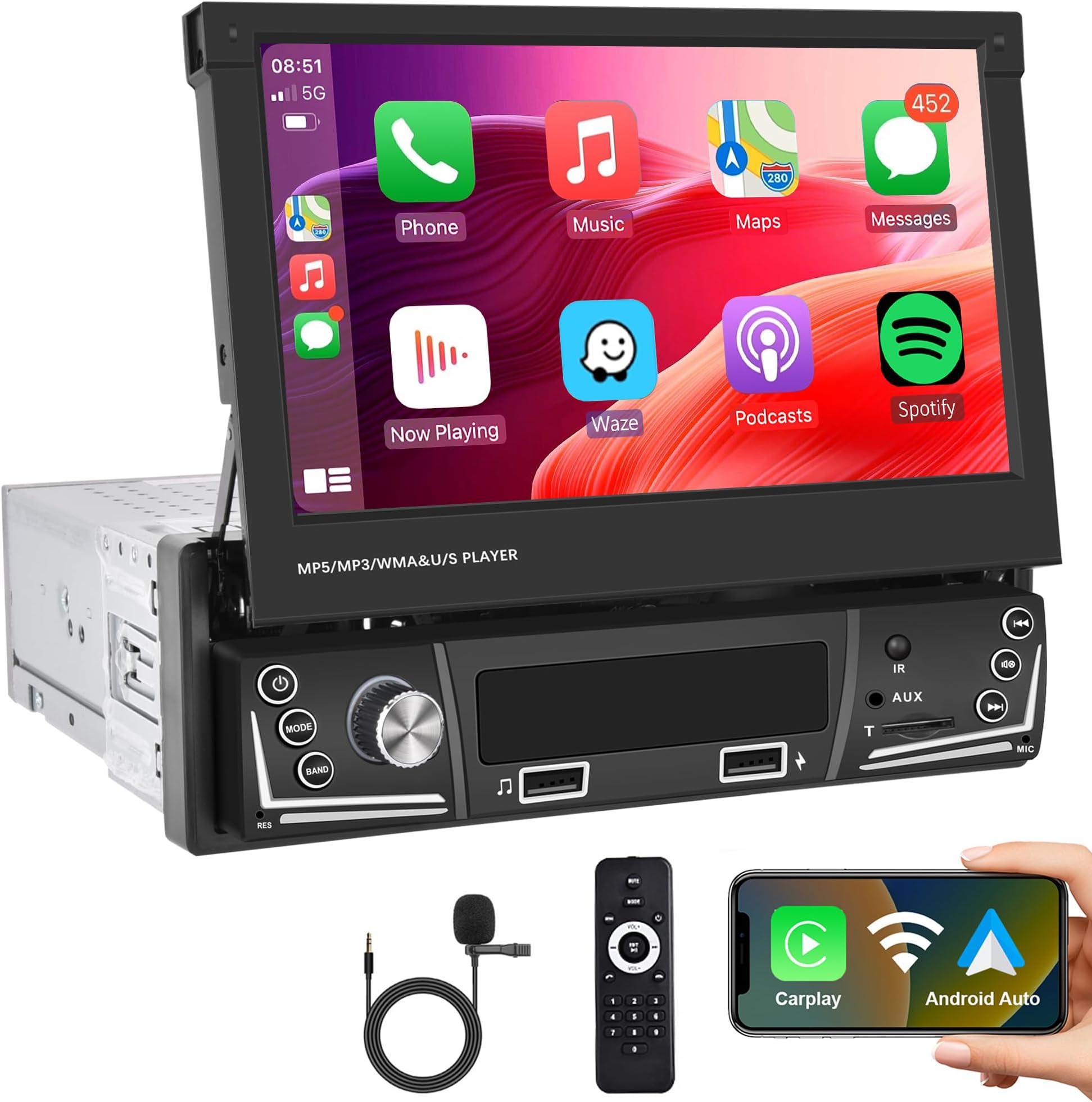 Rimoody 1 Din Autoradio - Wireless Carplay & Android Auto 5 Zoll