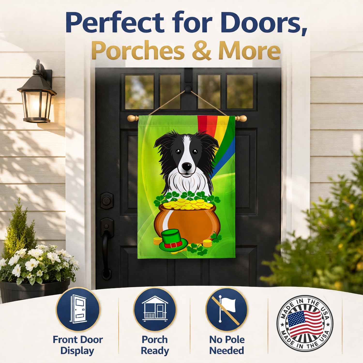 Caroline's Treasures BB1985CHF Border Collie St. Patrick's Day House Flag Large Porch Sleeve Pole Decorative Outside Yard Banner Artwork Wall Hanging, Polyester, House Size, Multicolor