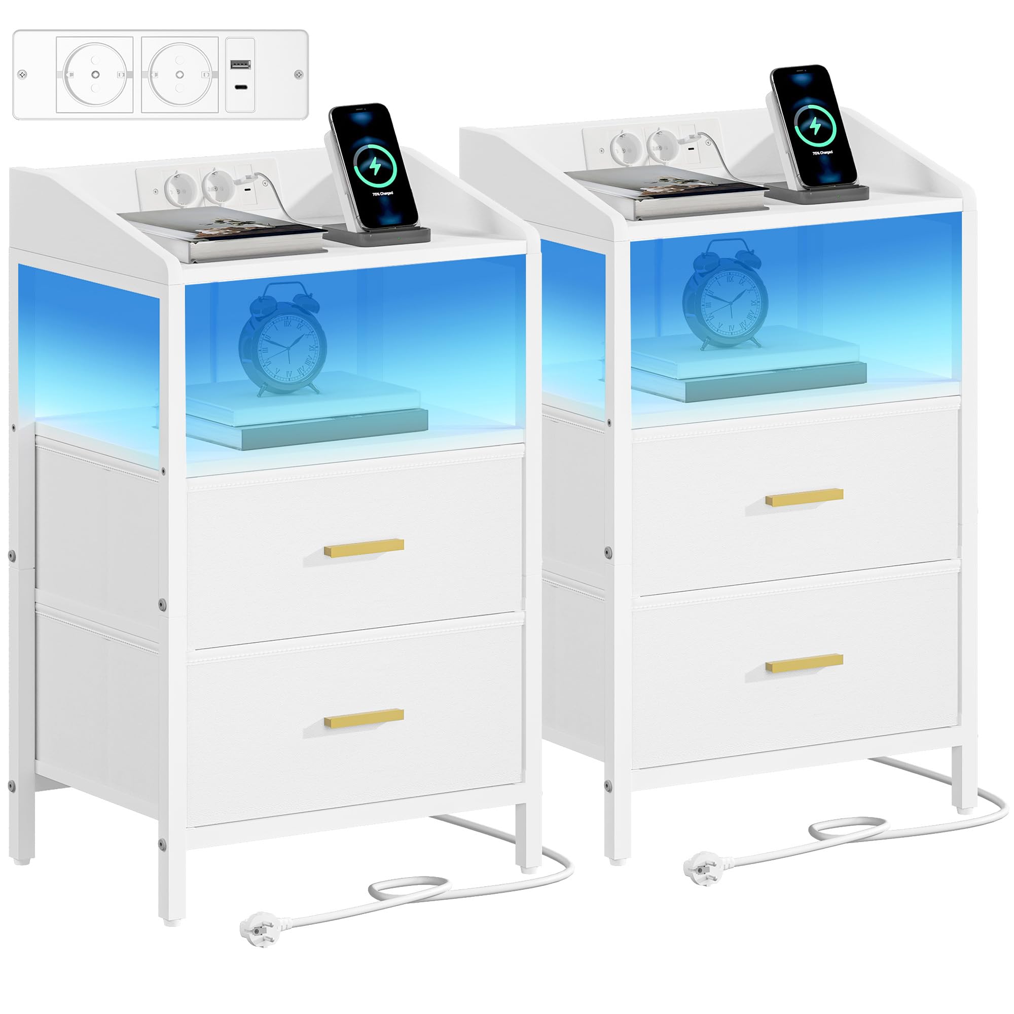 Hzuaneri Mesita de Noche Juego de 2, con Luces LED y Estación de Carga, Mesa Auxiliar Moderna con Puertos USB y Tomas de Corriente, con Estante Abierto para Dormitorio, Blanco NS36213W