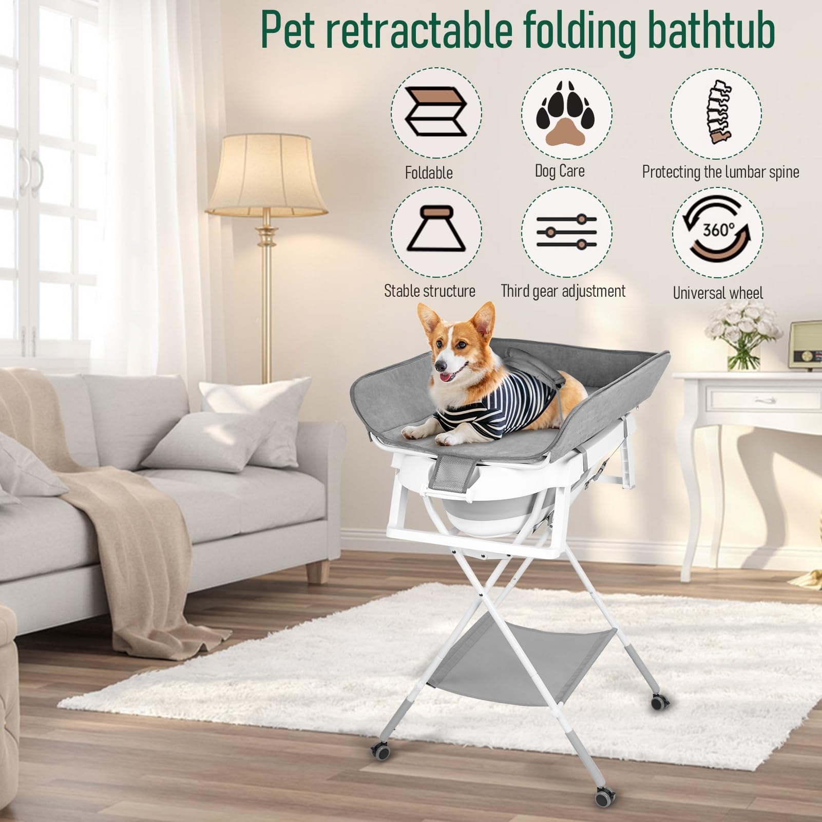 Baignoire 2 en 1 pour chien - Station de lavage pliable pour le bain et le toilettage - Baignoire de douche portable pliable pour petits chiens, chats et animaux domestiques avec 3 vitesses