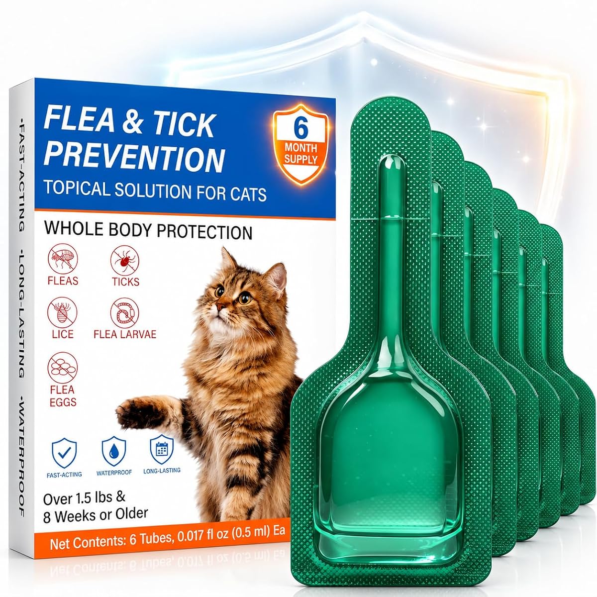 Cat Flea & Tick, Waterproof Topical Preventative for Cats Over 1.5 lbs and 8 Weeks or Older, 6 Doses Supply