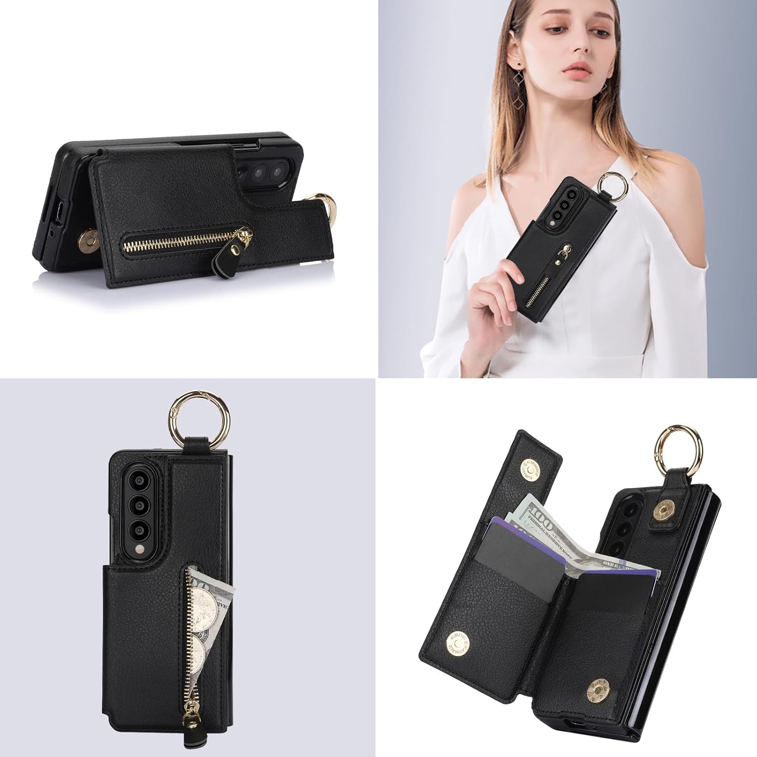 for Samsung Galaxy Z Fold 3 Wallet Case with Zipper and Credit Card Holder, Cash Slot, Premium Leather Magnetic Clasp Kickstand Heavy Duty Ring Protective Cover.(Black)