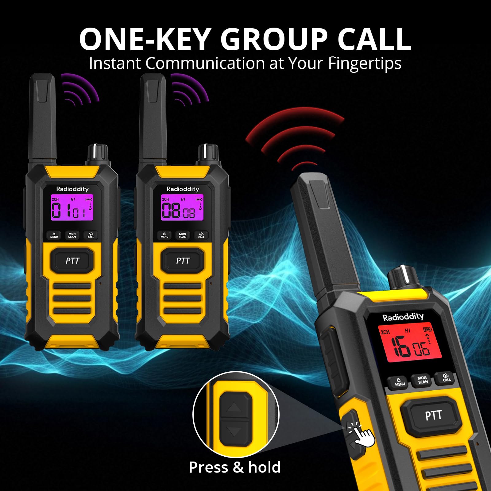 Radioddity HD-1 Talkie-Walkie IP67 étanche, Ensemble PMR Radios Robustes Longue portée, résistant à la poussière et aux Chocs, Appel de Groupe à Une Touche, SOS, Charge Via Base & USB-C (4 pièces)